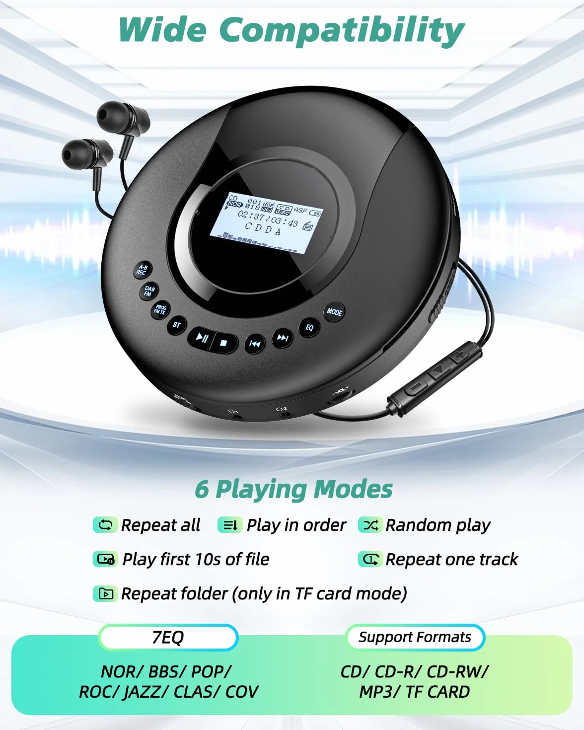 Arafuna Lettore CD portatile Discman Radio DAB+ FM Bluetooth Antishock 2000 mAh Nero