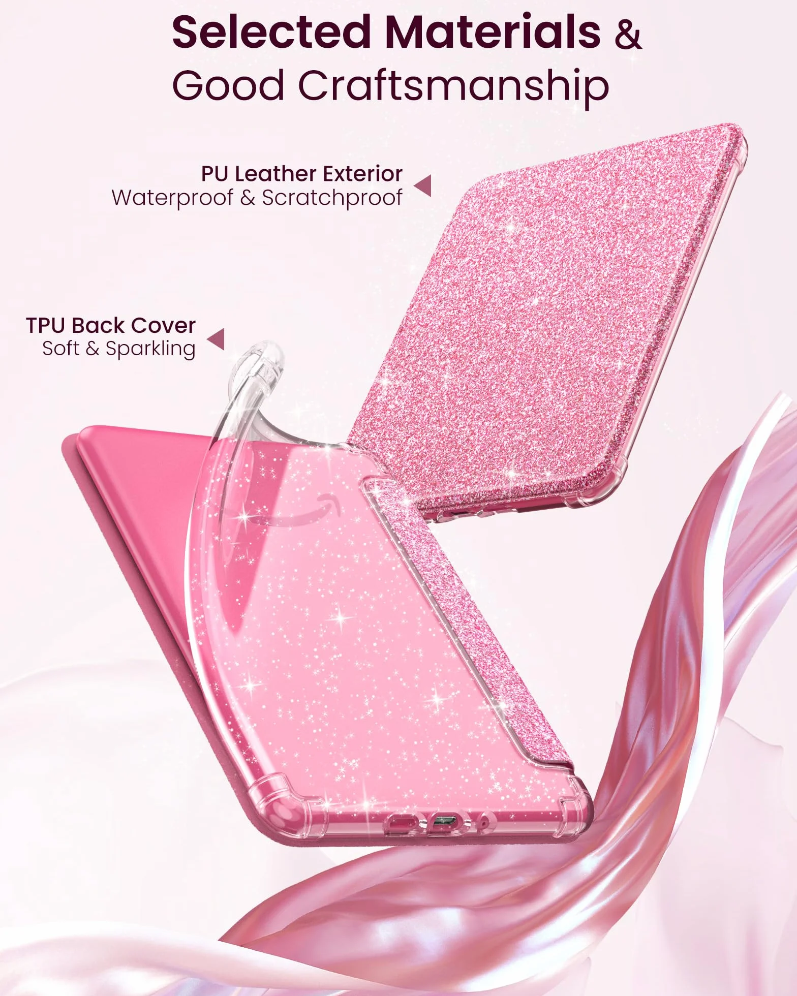 MoKo Custodia per Kindle Paperwhite 12a Gen 2025/2026 & Kindle Colorsoft 2024/2025, Copertura Posteriore TPU Trasparente Morbido Flessibile Scintillante, Glitter Rosa