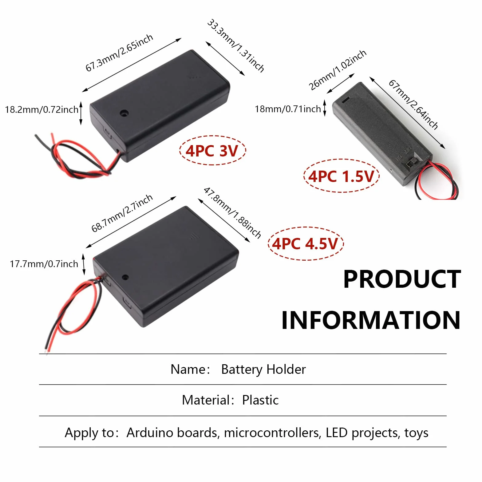 Custodia Portabatterie in Plastica 1,5V-4,5V con Interruttore On/Off e Cavo, 12 Pezzi