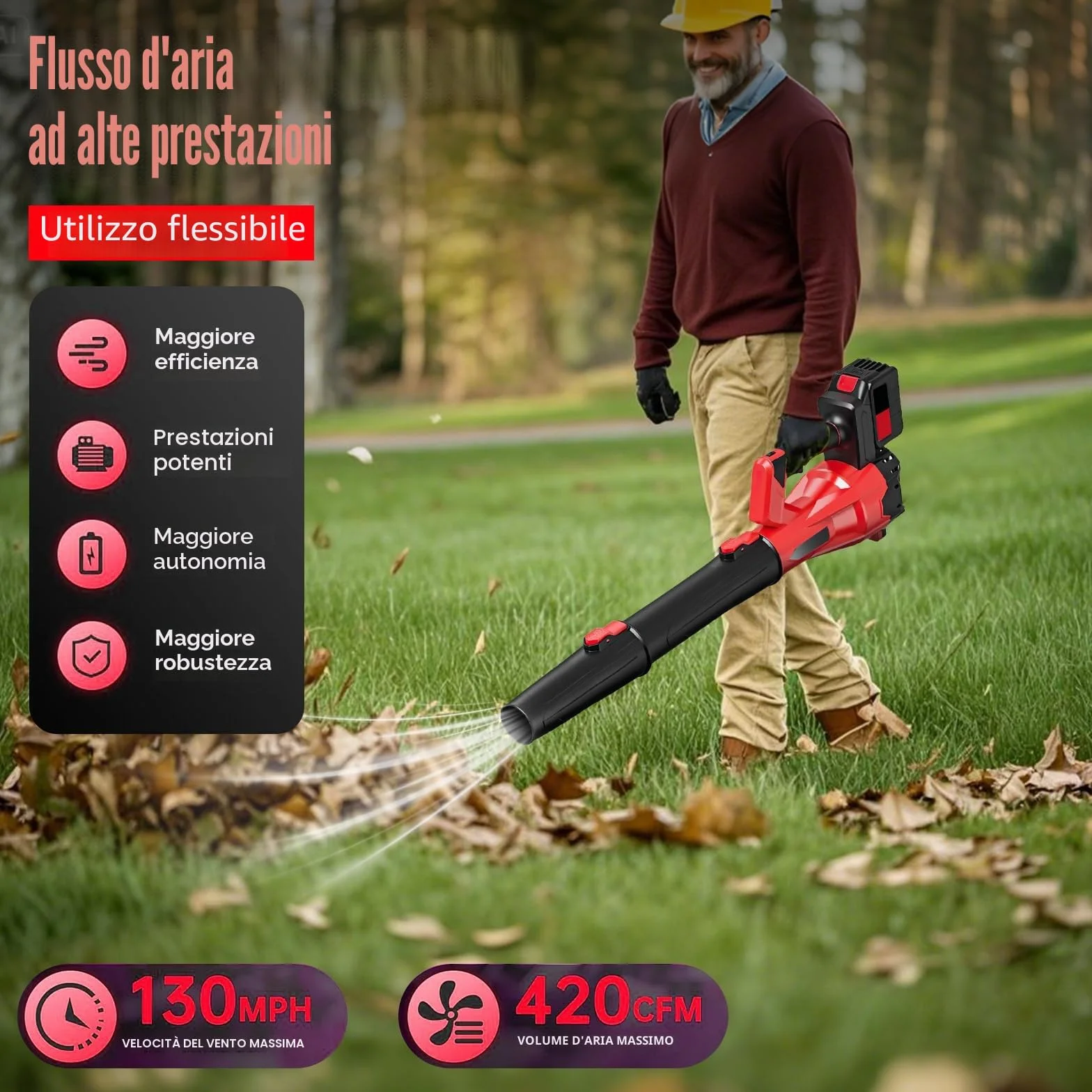 Soffiatore batteria 21 V, soffiatore di foglie senza fili con batteria e caricabatterie, 6 velocità, 210 km/h, soffiatore a foglia potente per giardino, manutenzione del prato e rimozione della neve