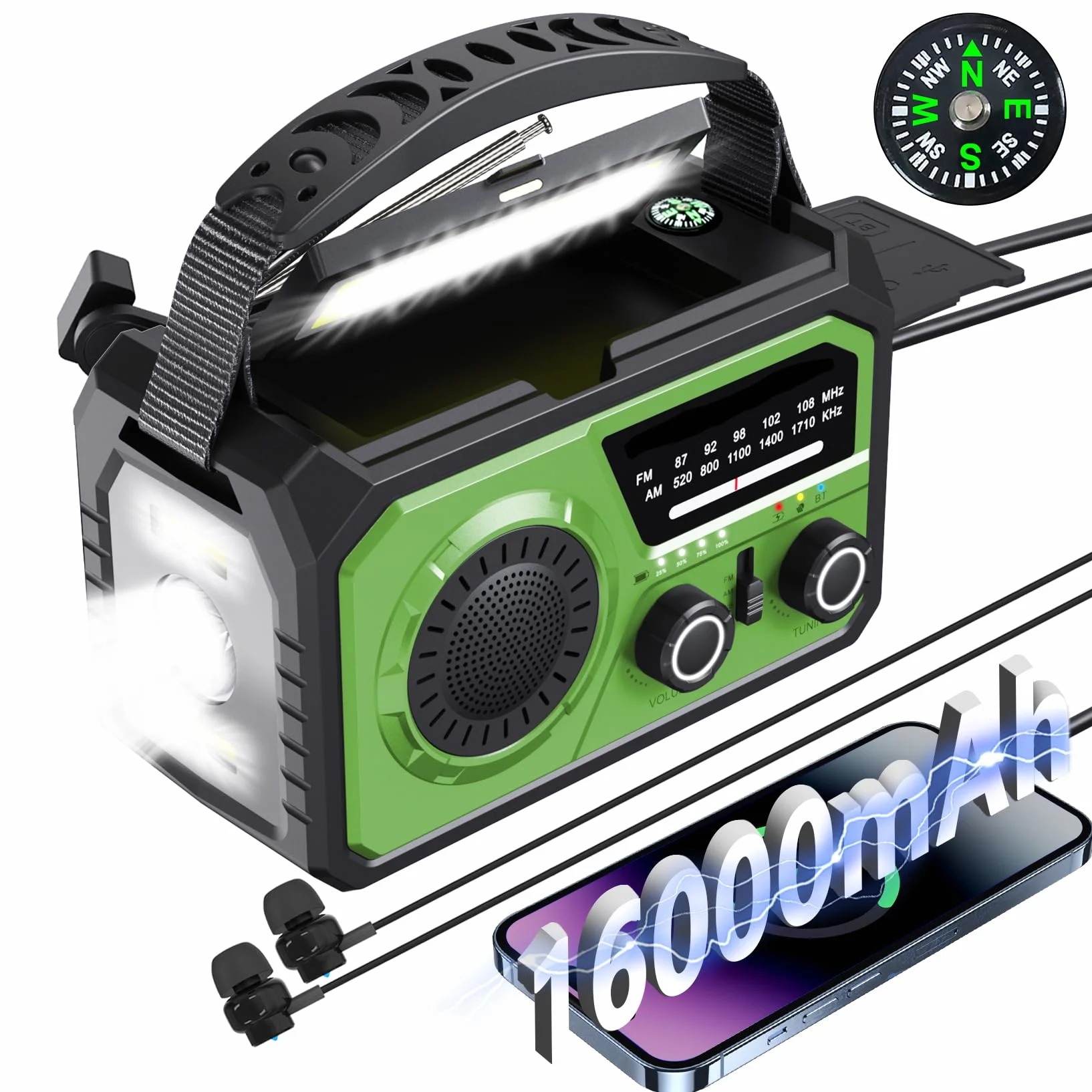 Radio Solare 16000 mAh AM/FM Portatile Emergenza con Batteria 59200 mWh, Torcia LED, Allarme SOS, Manovella Dynamo, Campeggio