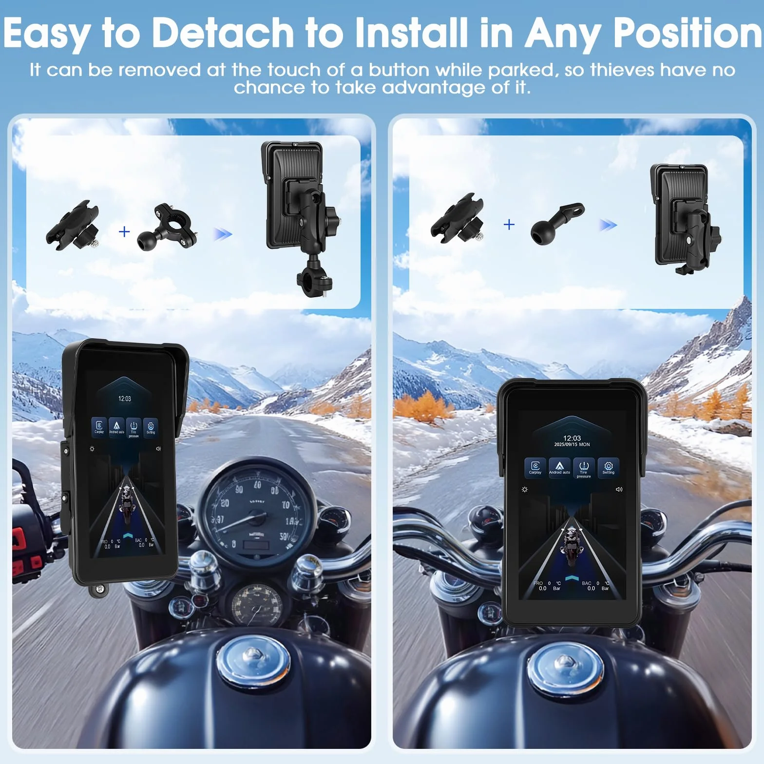 Navigatore per moto con Apple CarPlay e Android Auto Wireless, Autoradio Portatile Touchscreen HD 5 Pollici Bluetooth FM Impermeabile IP68