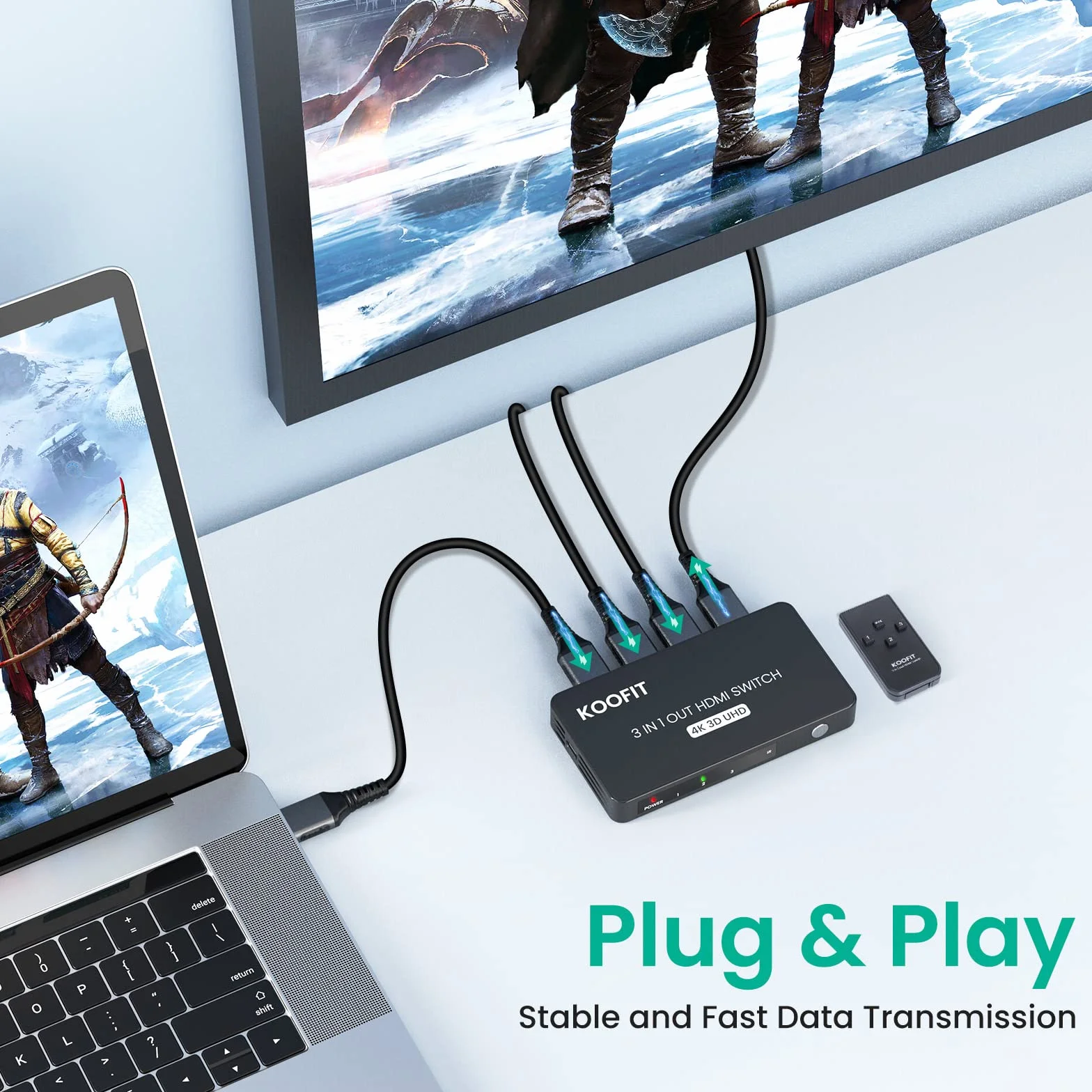 KOOFIT Switch HDMI 4K@60Hz Automatyczny 3 Porte Splitter z Telekomendą dla PS5 PS4 Xbox