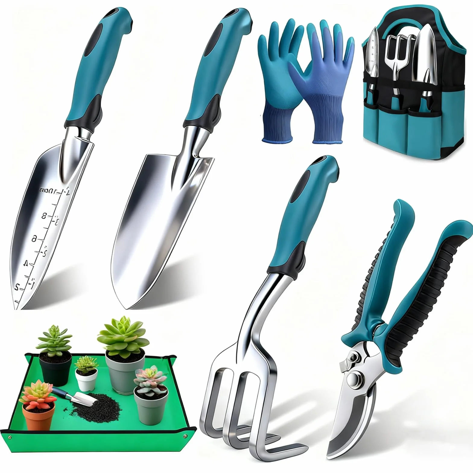Kit Giardinaggio Completo 7 Pezzi in Alluminio Anti-Ruggine con Tappetino Rinvaso 75x75cm e Borsa 600D Oxford,Set Attrezzi da Giardino Professionali per Orto e Piante,Regalo Giardinaggio Donna Uomo