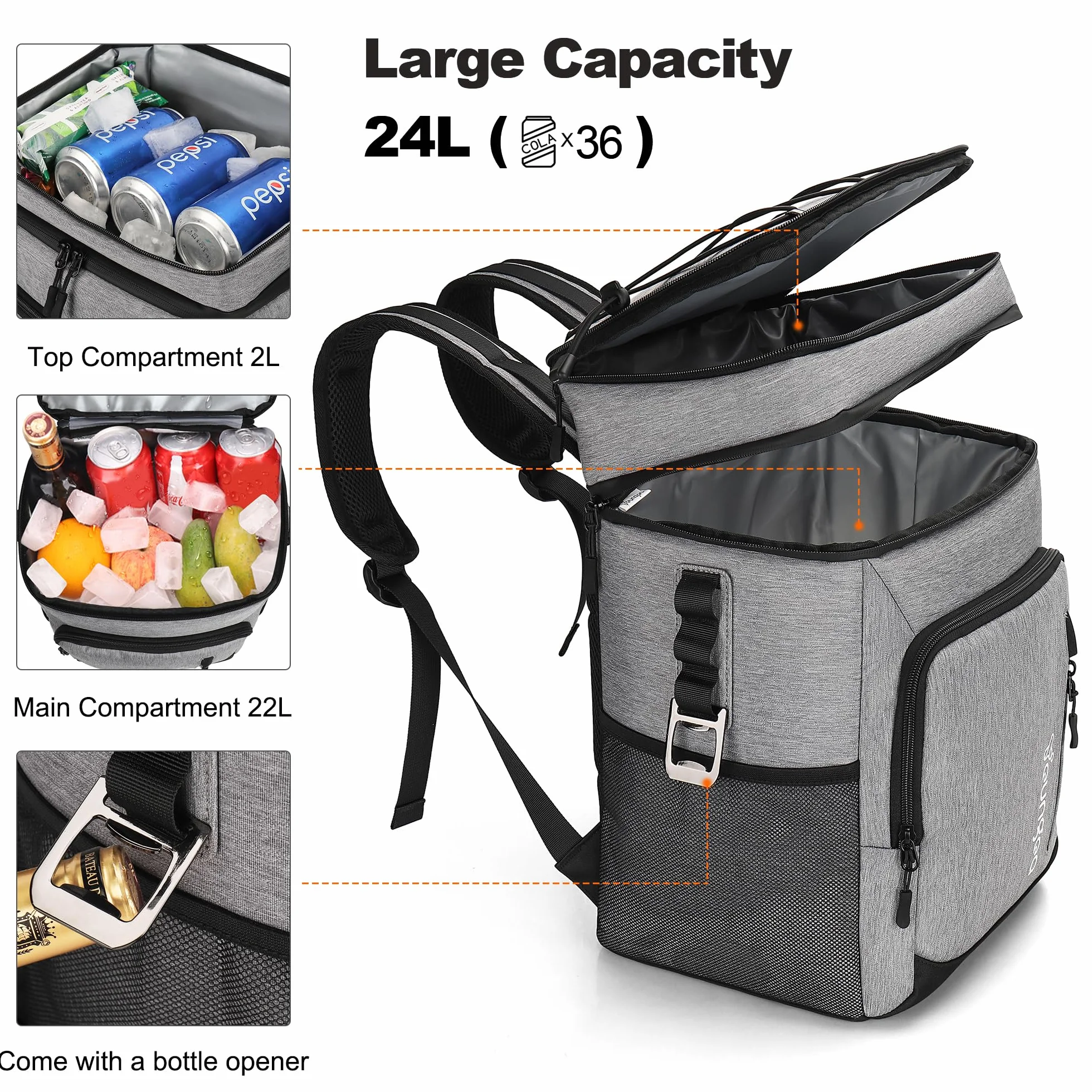 Borsa Termica Zaino Borsa Fredda Isolate per Picnic Campeggio Pranzo Spiaggia YG065 24L Grigio