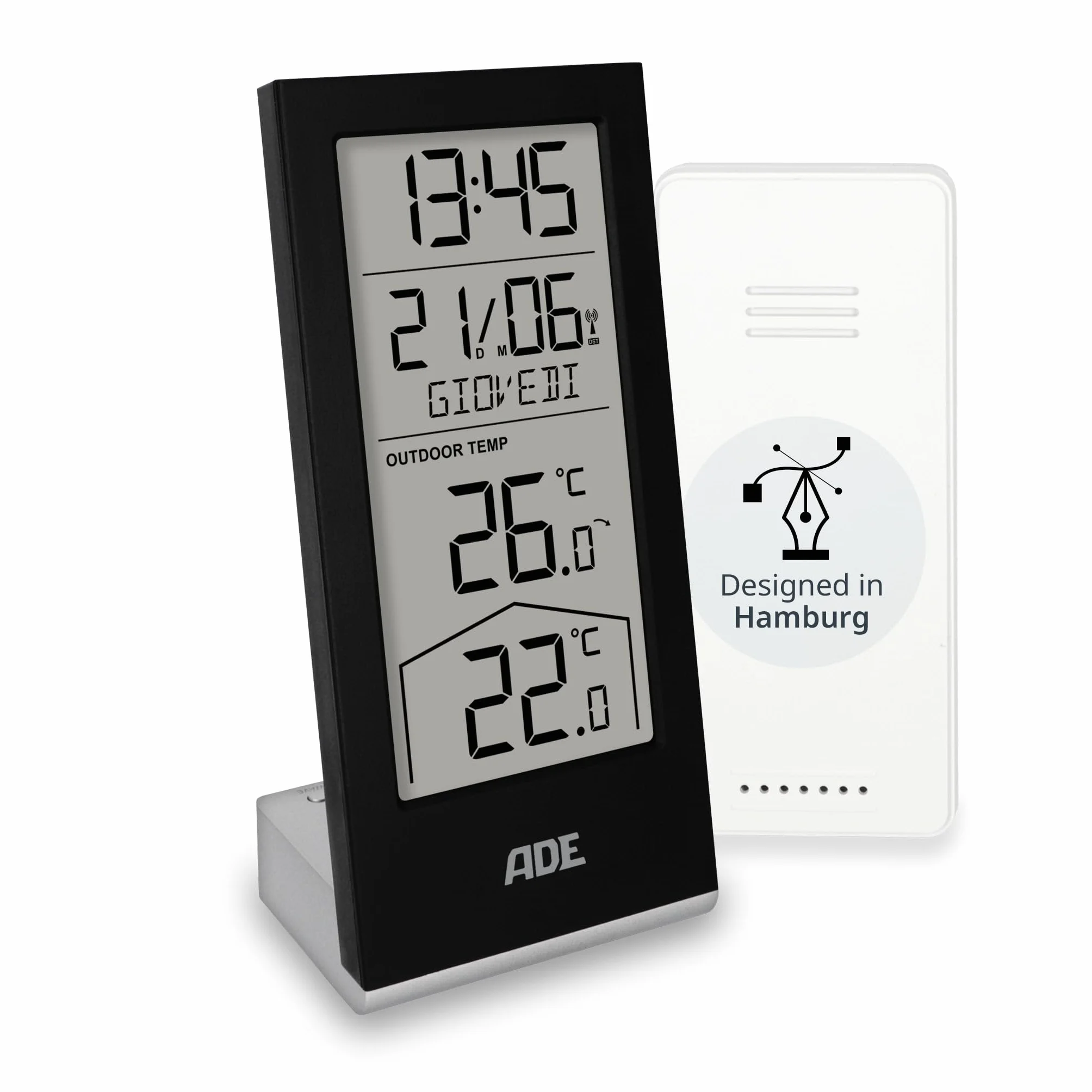 ADE Stazione meteorologica digitale con sensore esterno | termometro per temperatura interna ed esterna | orologio e calendario radiocontrollato con giorno della settimana | batterie incluse | nero
