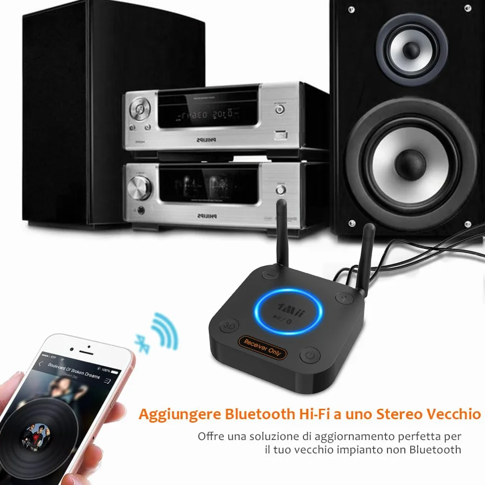 1Mii Ricevitore Bluetooth 5.3 HiFi, Adattatore Audio aptX Bassa Latenza Uscita Ottica Coassiale AUX RCA per Amplificatore