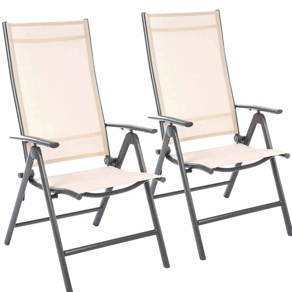 BAKAJI Set 2 Sedie Pieghevoli Struttura in Alluminio Schienale Reclinabile con Braccioli e Rivestimento Texilene per Campeggio Spiaggia Giardino (Beige)