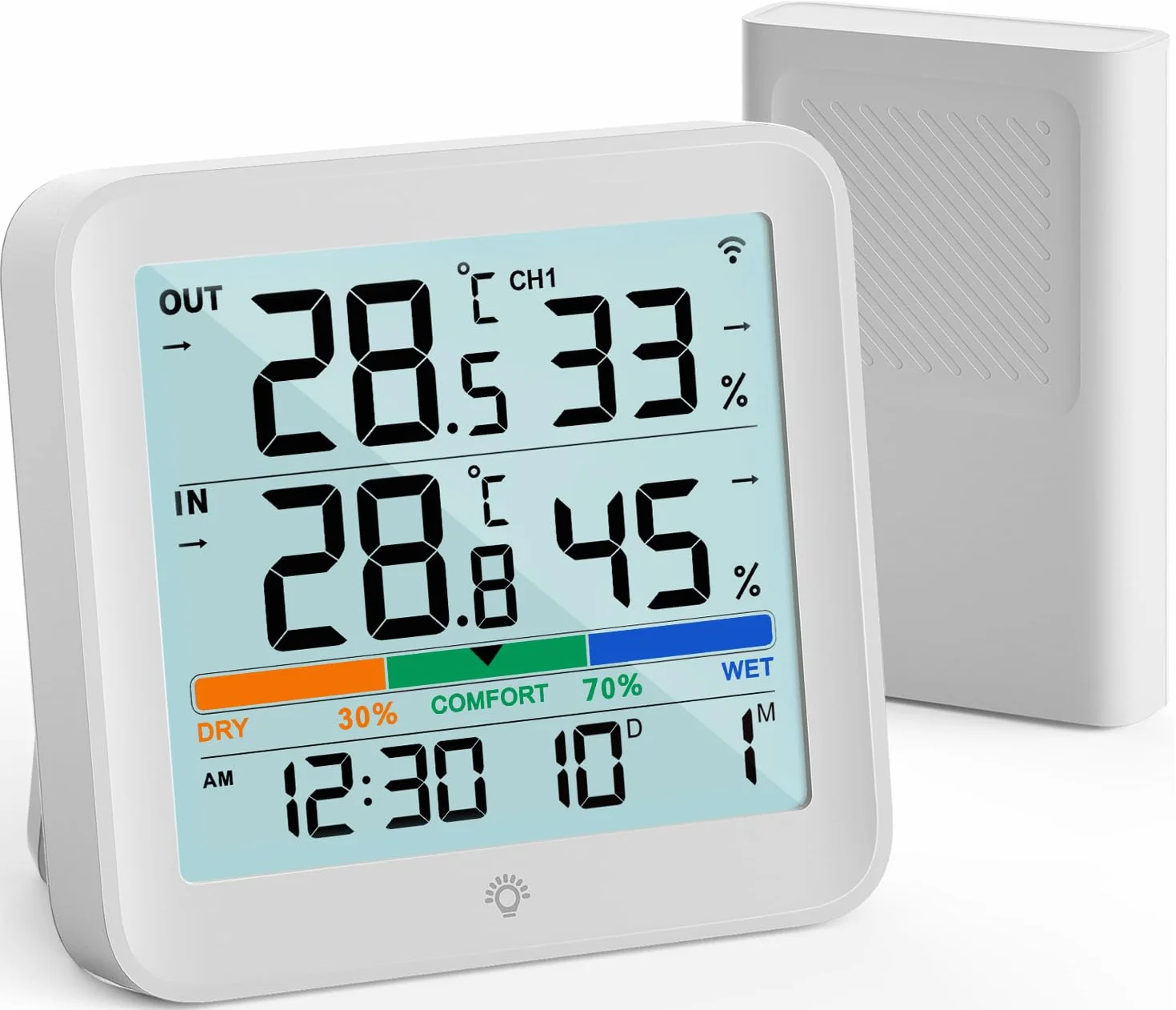 VOCOO Termometro Igrometro Wireless Digitale per Interno Esterno,Monitor di umidità Misuratore di Temperatura e Umidità con 1 Sensori Remoti,Retroilluminazione, Icona Comfort Tendenza, 100m Range