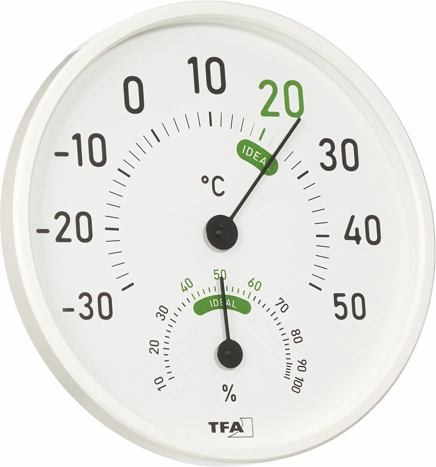 TFA Dostmann Termometro Igrometro, Termoigrometro analogico, Clima Interno Ambiente, 45.2045.02, per Interni ed Esterni, Temperatura e umidità con Zone di Comfort Colorate, Bianco
