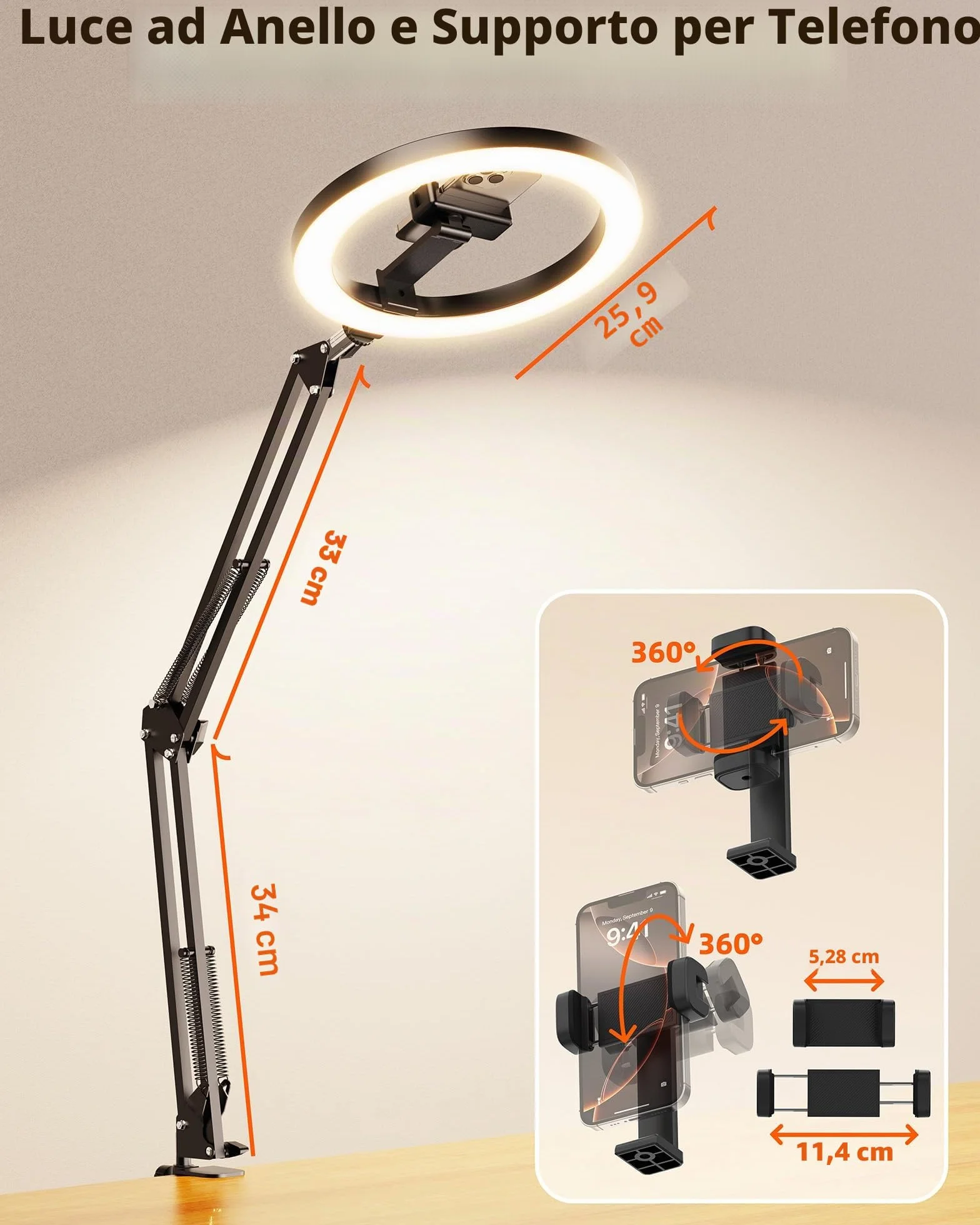 LUXSURE Ring Light 10'' con Braccio Flessibile e Telecomando Bluetooth per Video