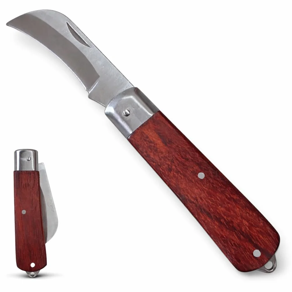 topolenashop Coltello da Innesto a Roncola Tascabile 19,5 cm – Lama Curva 6 cm in Acciaio Inox, Coltello Potatura e Giardinaggio, Manico in Legno, Pieghevole | 313002