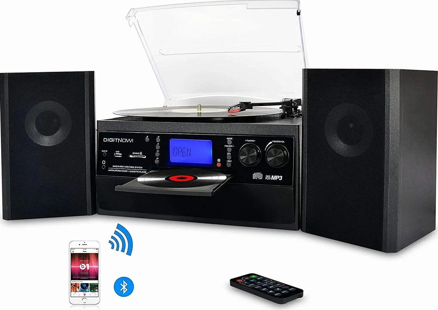 Giradischi Bluetooth DigitNow per CD Cassette Radio AM/FM con Altoparlanti Stereo