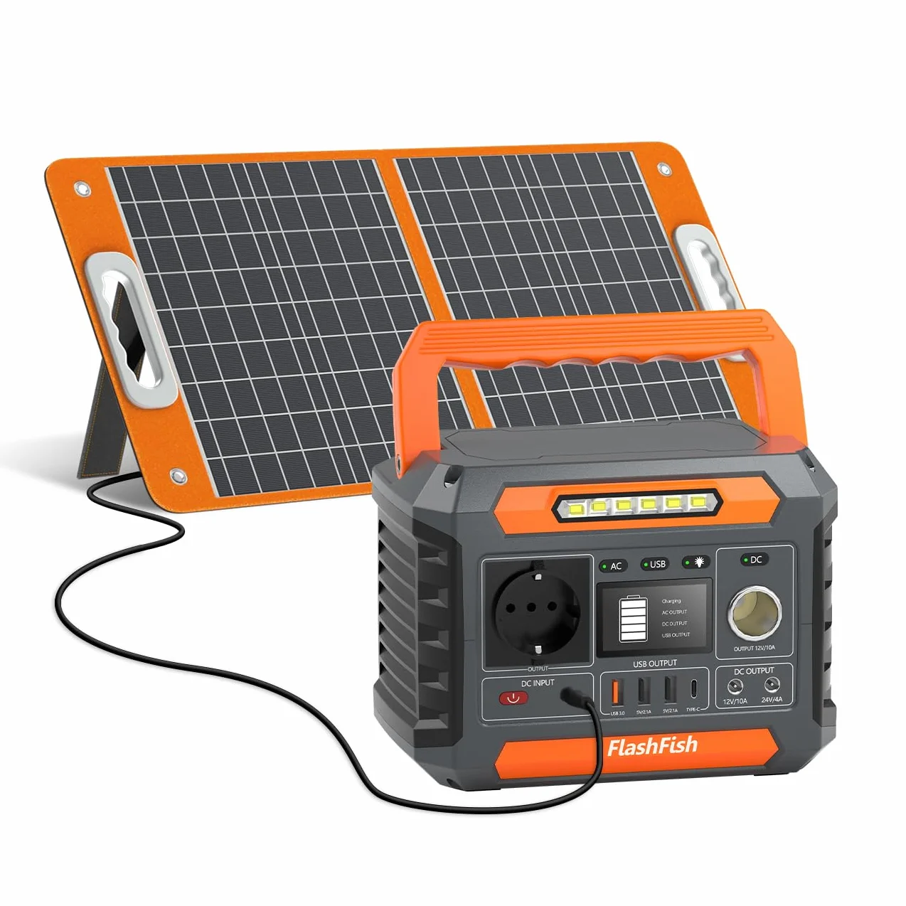 FlashFish - Power station portatile da 144,3 Wh con pannello solare, 60 W, 200 W, con 230 V AC/DC/USB/tipo C/LED, generatore di corrente per campeggio, viaggi, viaggi, in viaggio, alimentazione di