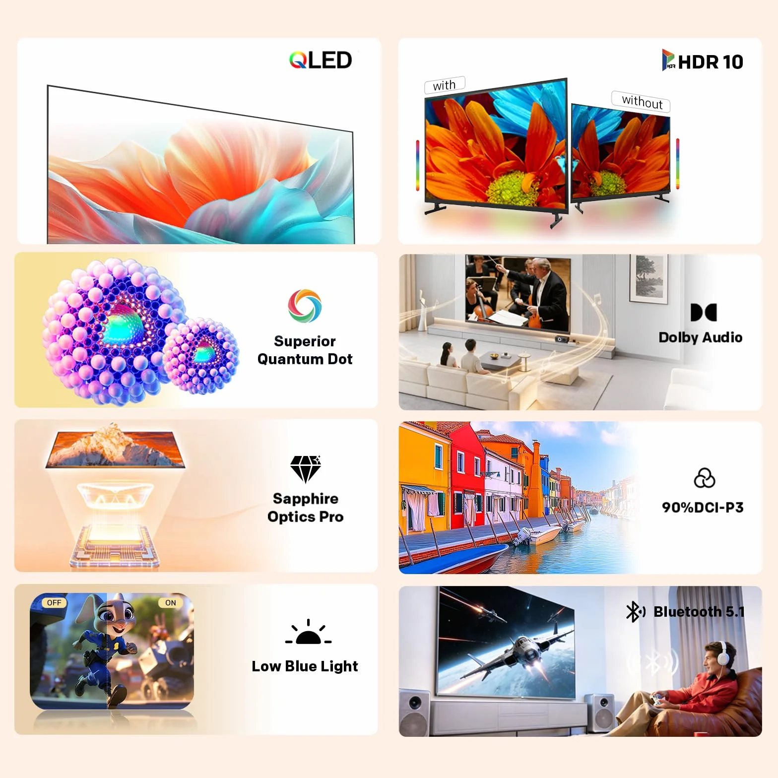 Coocaa 40 Pollici Smart TV QLED Full HD HDR 10 Dolby Audio 1.5GB RAM DVB-T/T2/C/S/S2 CI+ HEVC Main10 40CTQH38Z