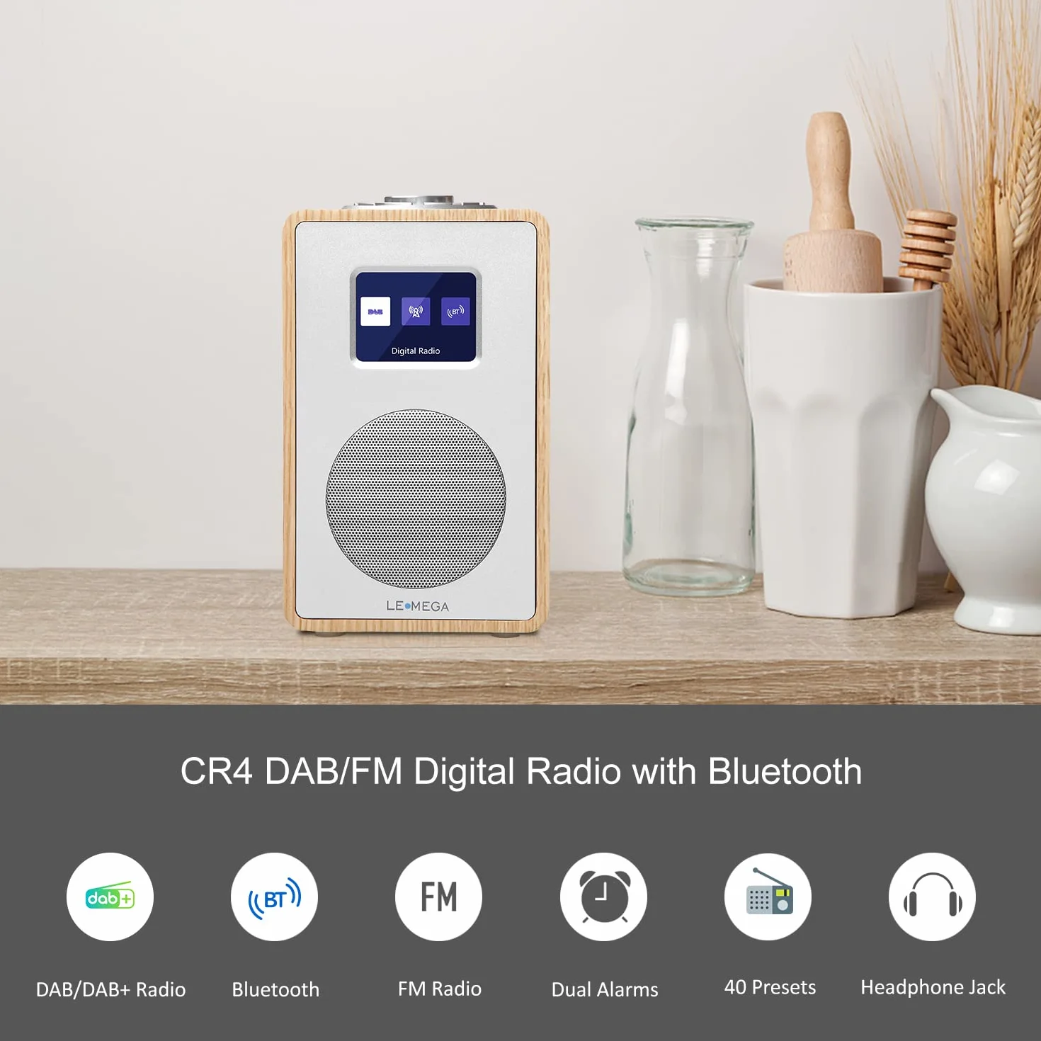 LEMEGA Radio digitale CR4 DAB/DAB+ FM Bluetooth, doppia sveglia, timer, display a colori, bianco