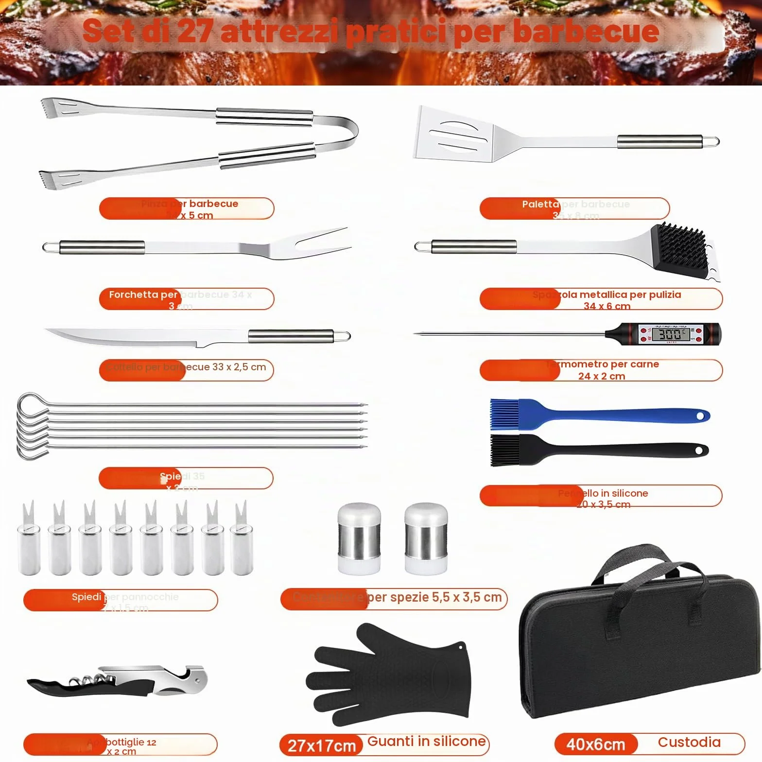 27Pcs Set per Barbecue in Acciaio Inossidabile, Set di Posate da Grill Professionali, Accessori per Barbecue, con Borsa da Trasporto, per Campeggio, Picnic, Giardino, Escursionismo