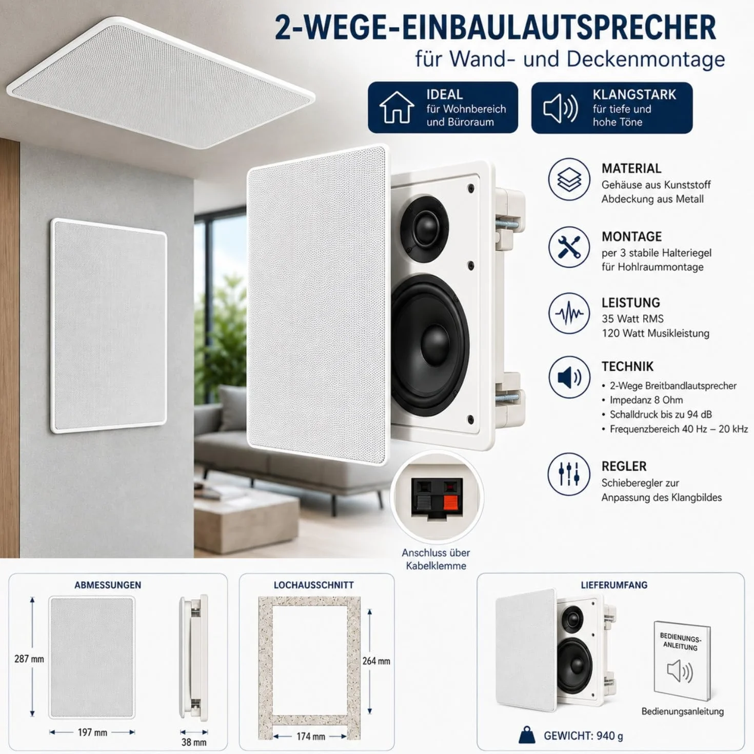 Altoparlante da incasso a 2 vie rettangolare 35 W RMS 120 W