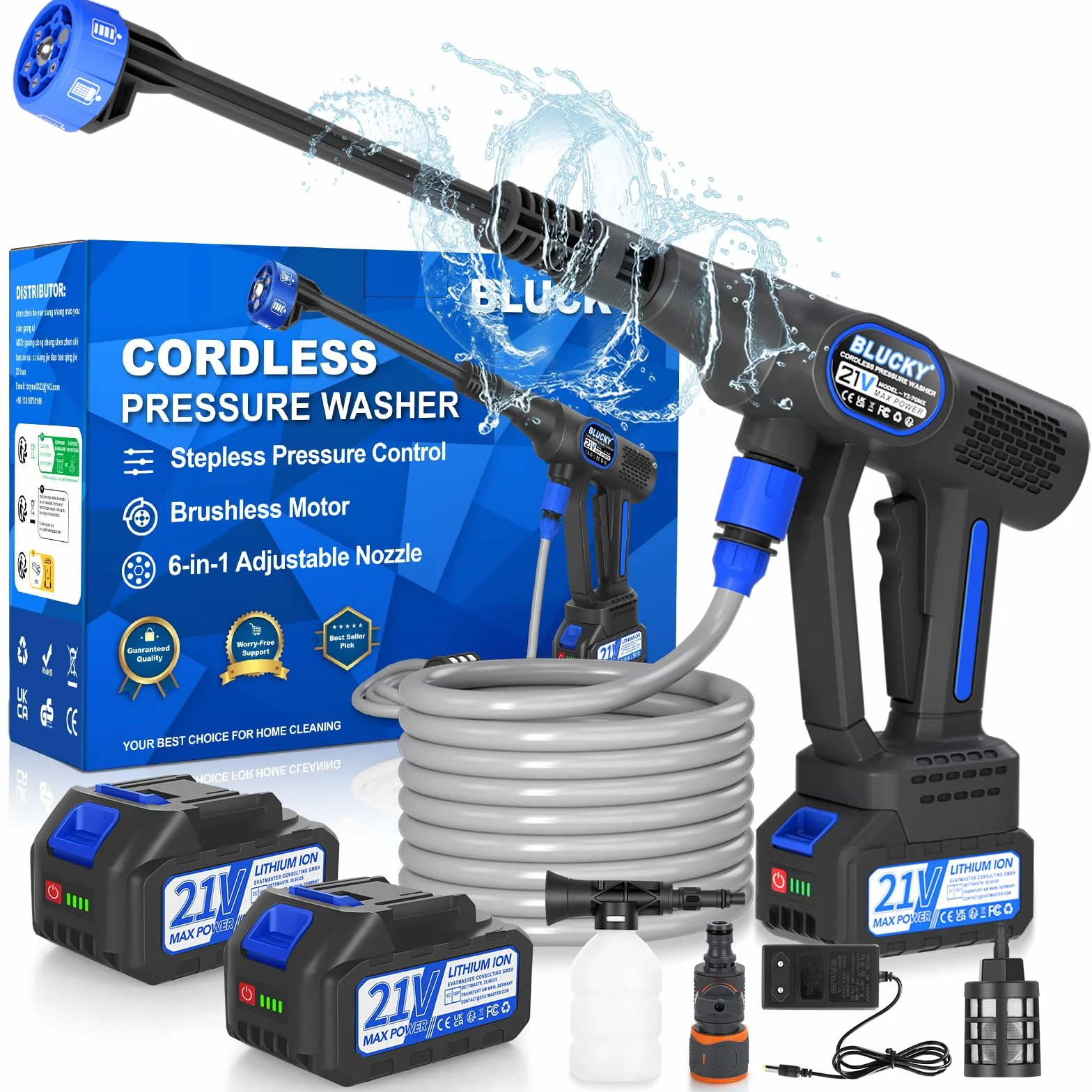 Idropulitrice Portatile a Batteria con Collegamento a Rubinetto Diretto, Ugello 6 in 1 e Controllo Pressione Regolabile per Giardino, Auto e Pulizie Esterne