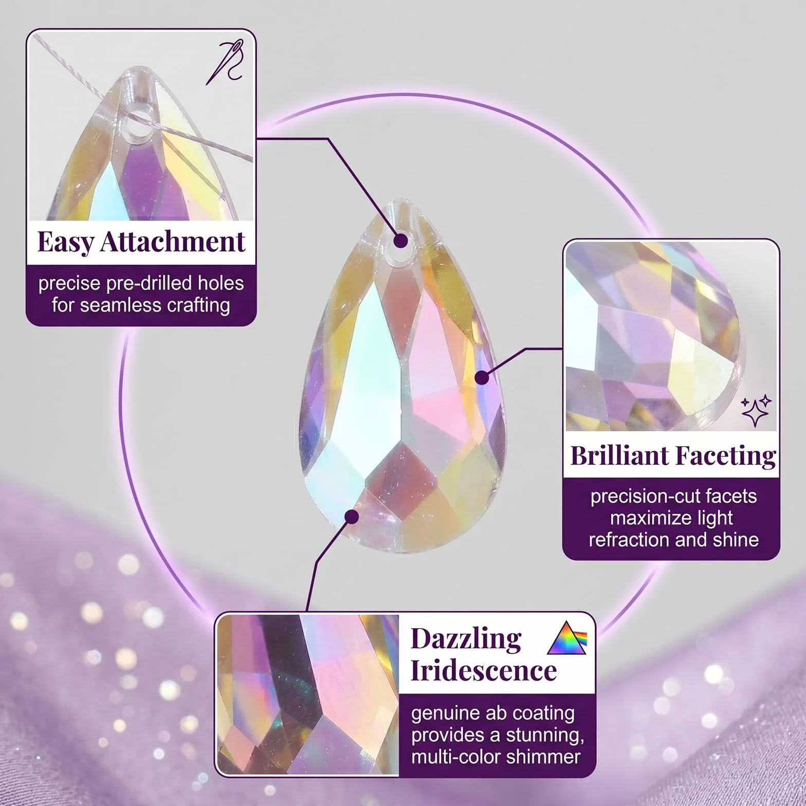 Set di 20 Pendenti in Cristallo di Vetro a Goccia 9x16mm Viola Trasparente, Acchiappasole Prisma per Decorazioni Finestre, Lampadari, Creazione Gioielli Fai da Te e Scacciapensieri