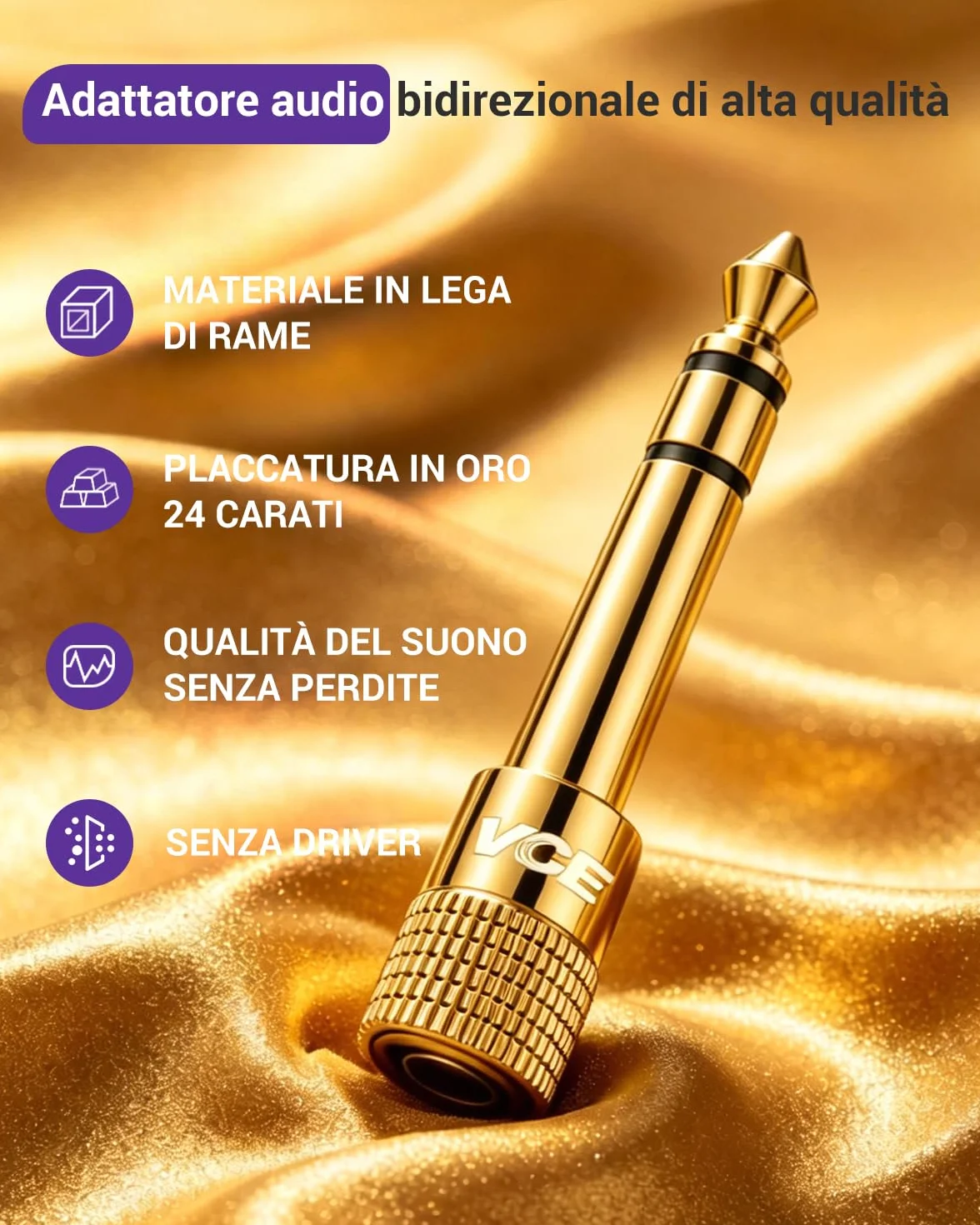VCE Adattatore Jack 6.3 3.5 Placcato in Oro, da Piccolo a Grande Stereo AUX per Chitarra Elettrica, Amplificatore, Mixer, 2 Pezzi