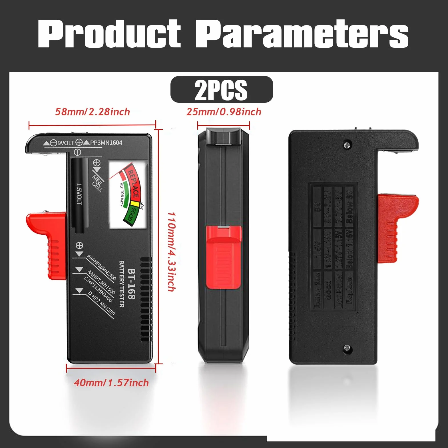 Set di 2 Tester Batteria Universale per Batterie AA AAA C D 9V 1.5V e a Bottone Nero
