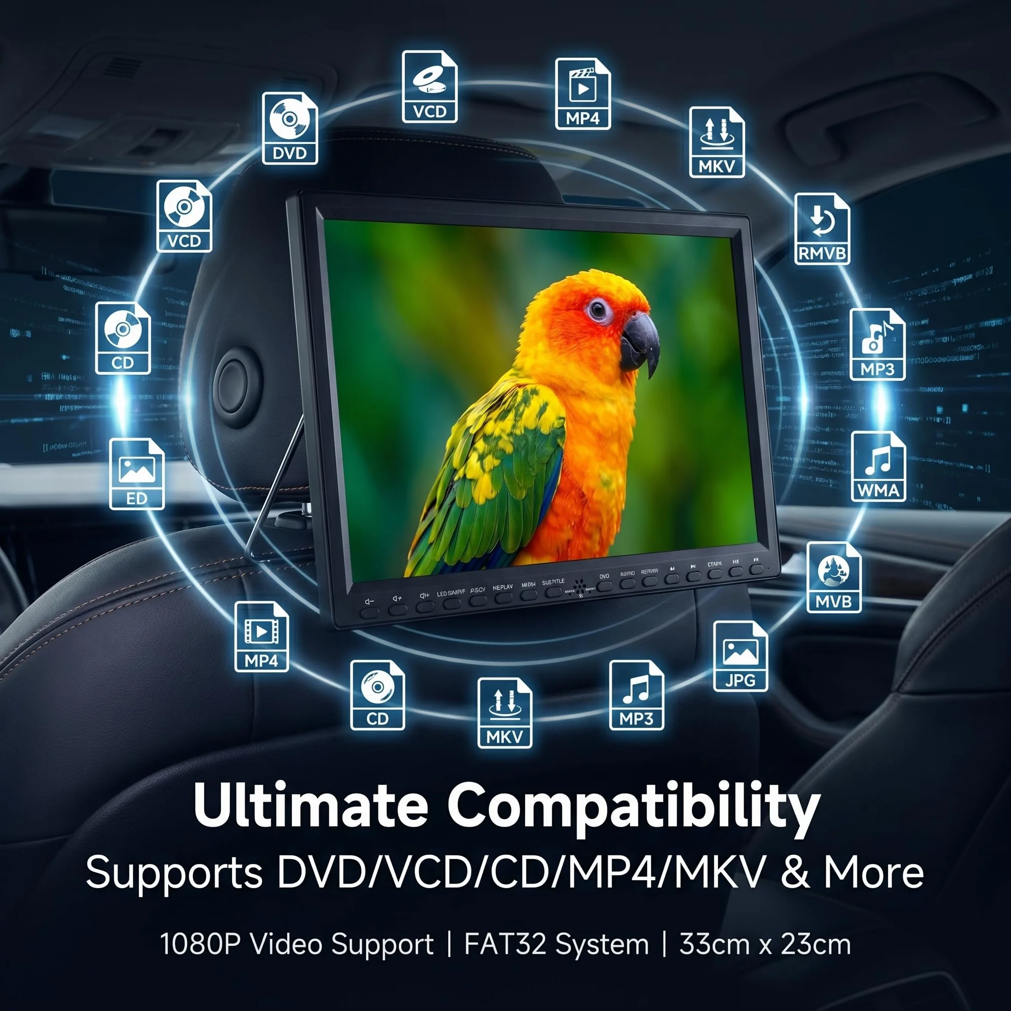 Lettore DVD portatile 16,9 pollici schermo girevole 14,1 pollici supporto poggiatesta MP4 720P RMVB batteria ricaricabile