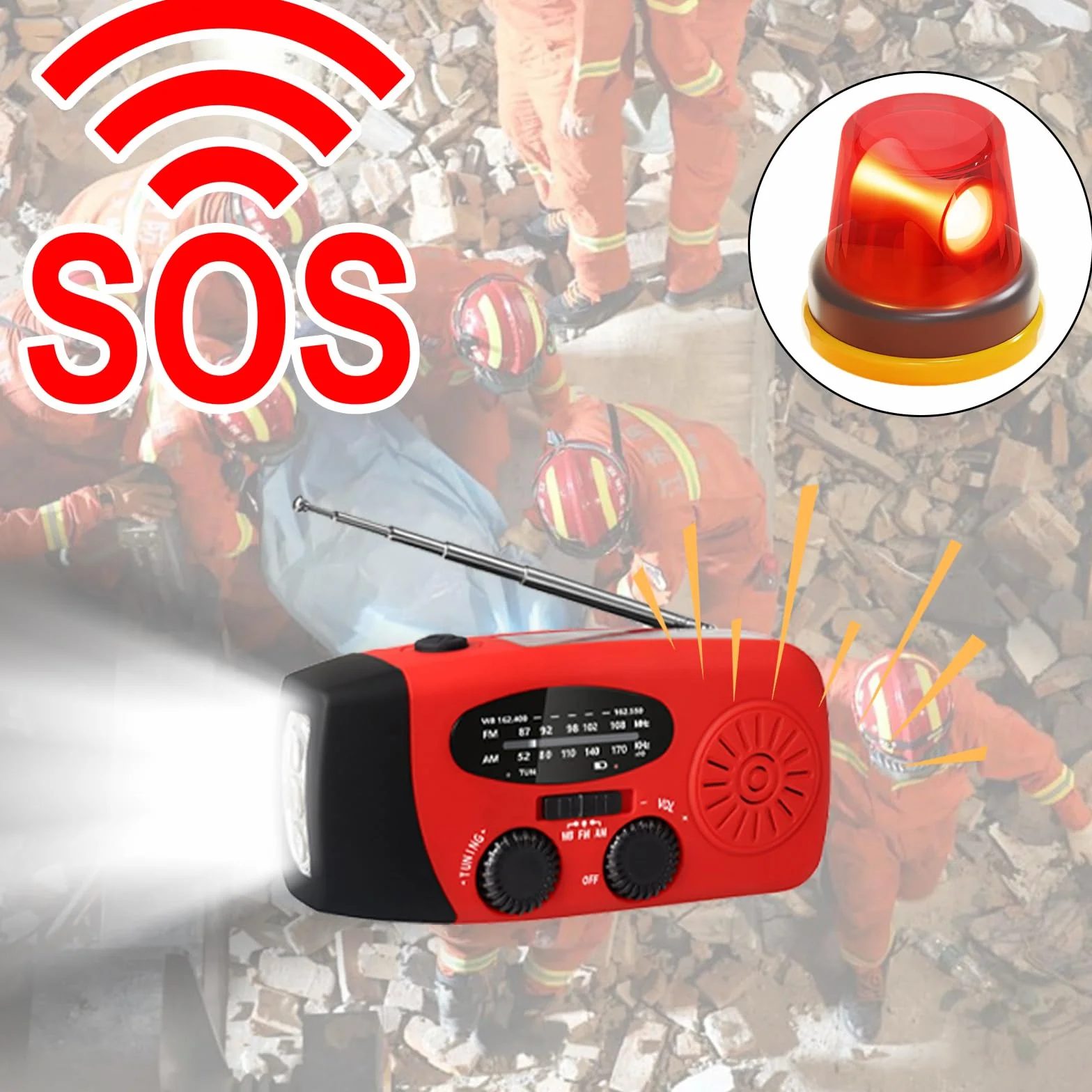 Radio di Sopravvivenza Solare con Dinamo, Portatile Emergenza con LED 3 Modalità, Allarme SOS, Caricatore USB 5V, Impermeabile
