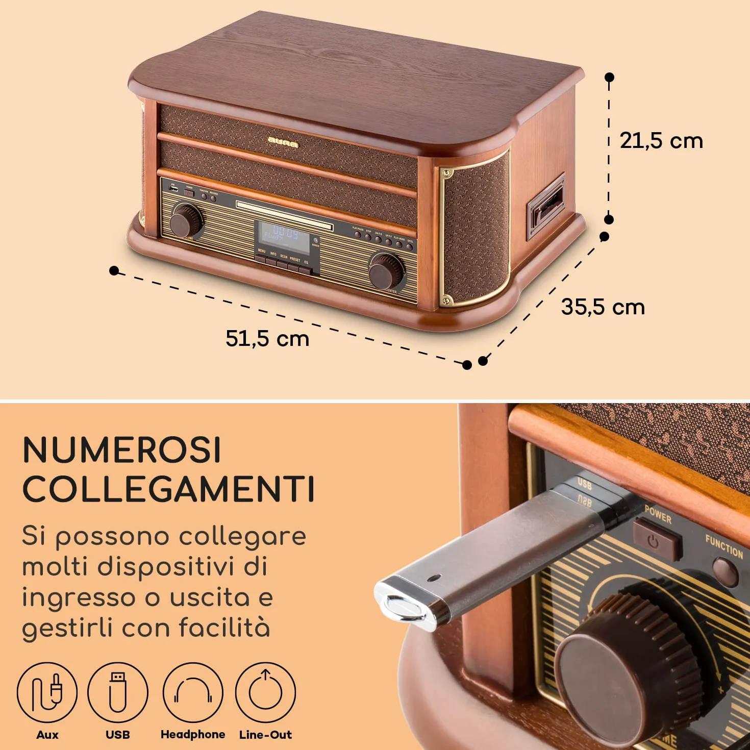 AUNA Belle Epoque 1908 Giradischi Vintage Radio Digitale DAB+ FM Bluetooth Lettore CD MP3 USB Marrone