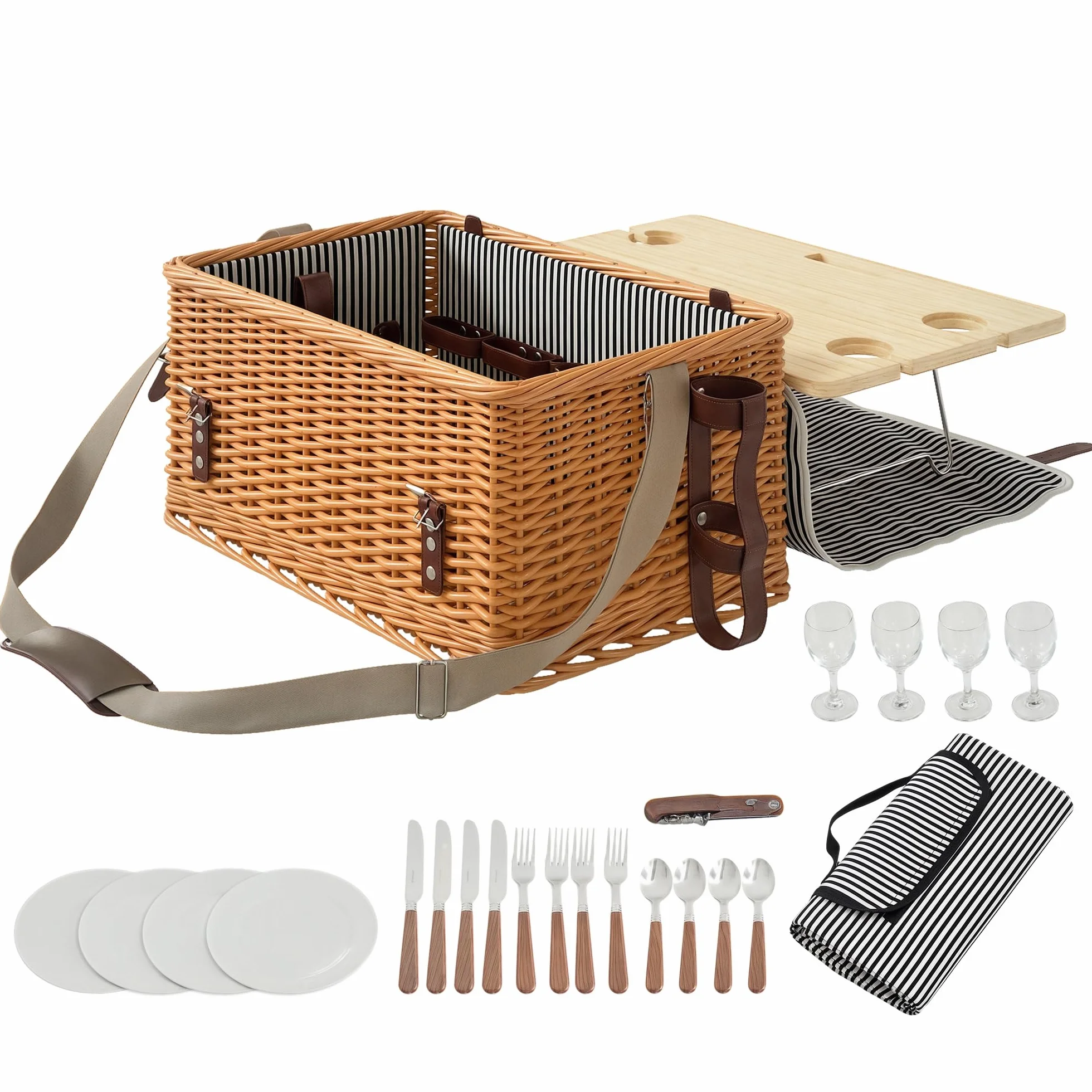 Outsunny Cestino da Picnic in Vimini per 4 Persone con Tavolino, Cesto Picnic con 4 Piatti, 12 Posate, 4 Bicchieri, Coperta e Cavatappi, 51x33x25 cm, Marrone Chiaro