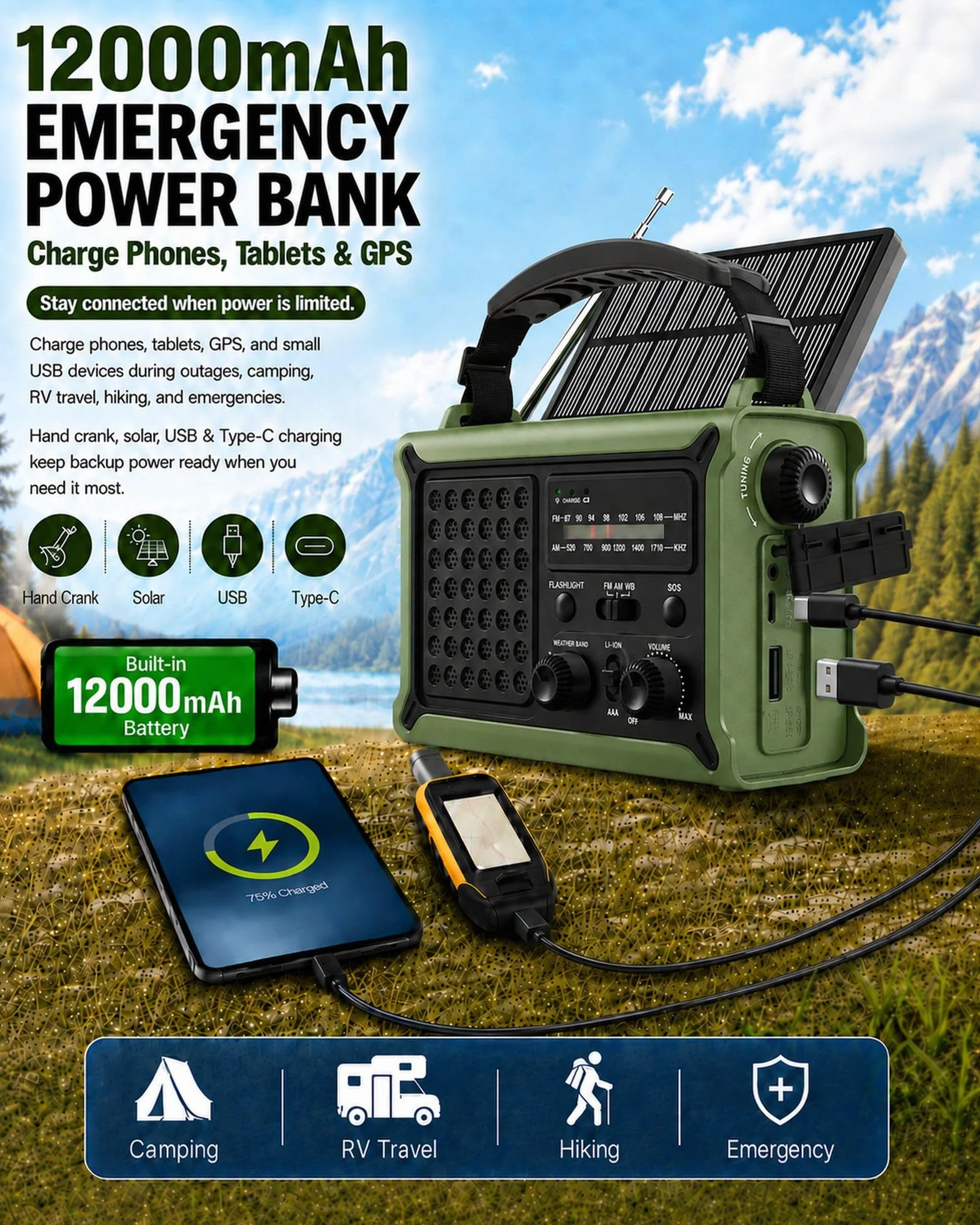 Radio meteorologica di emergenza AM/FM/NOAA solare manovella LED torcia USB SOS