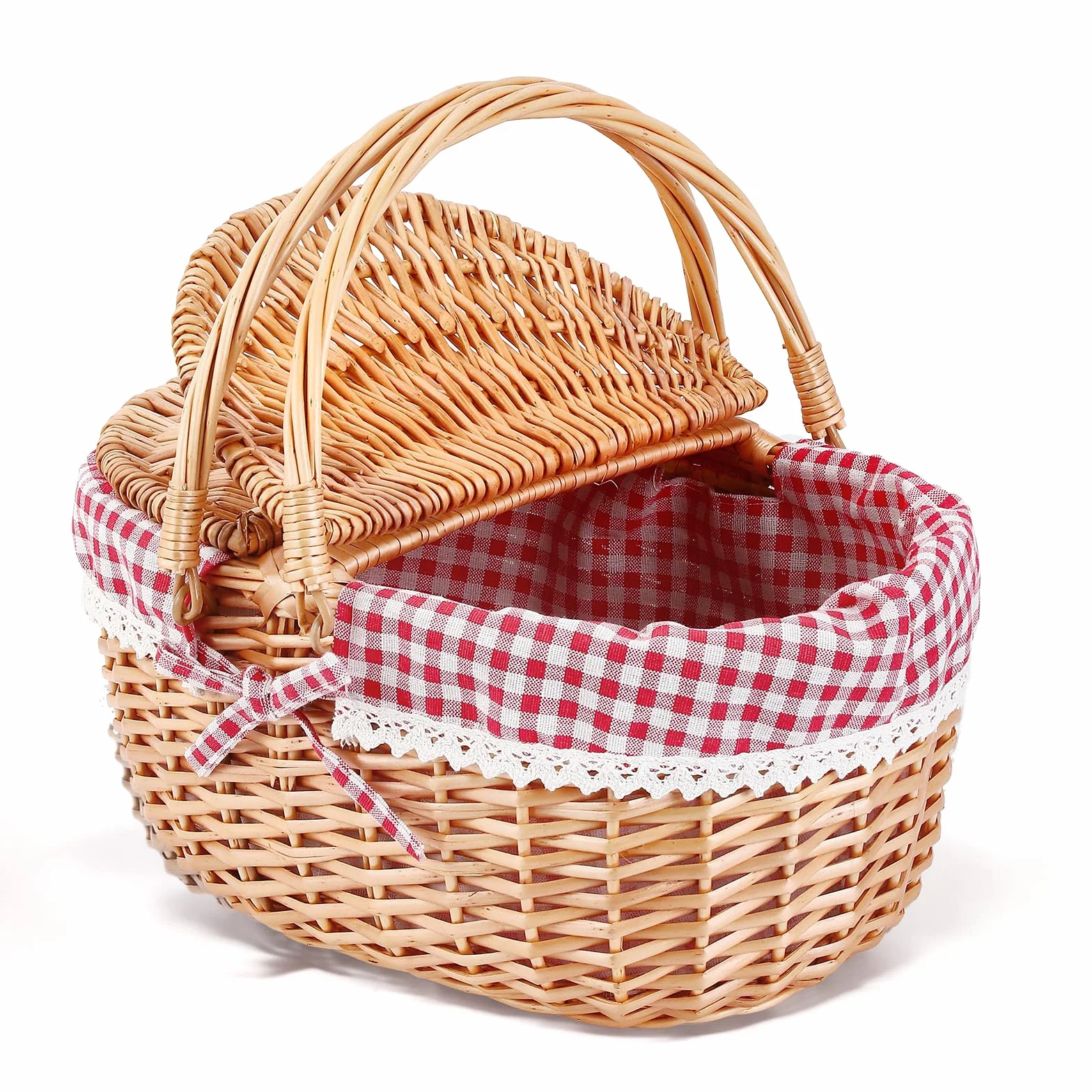 Cesto Picnic Vimini, Coperchio a Doppia Apertura e Manico Pieghevole Cestino da Picniccon, Cestino Intrecciato a Mano con Fodera in Cotone Rimovibile, Adatto per Picnic, Campeggio(Rosso/40x34x19CM)