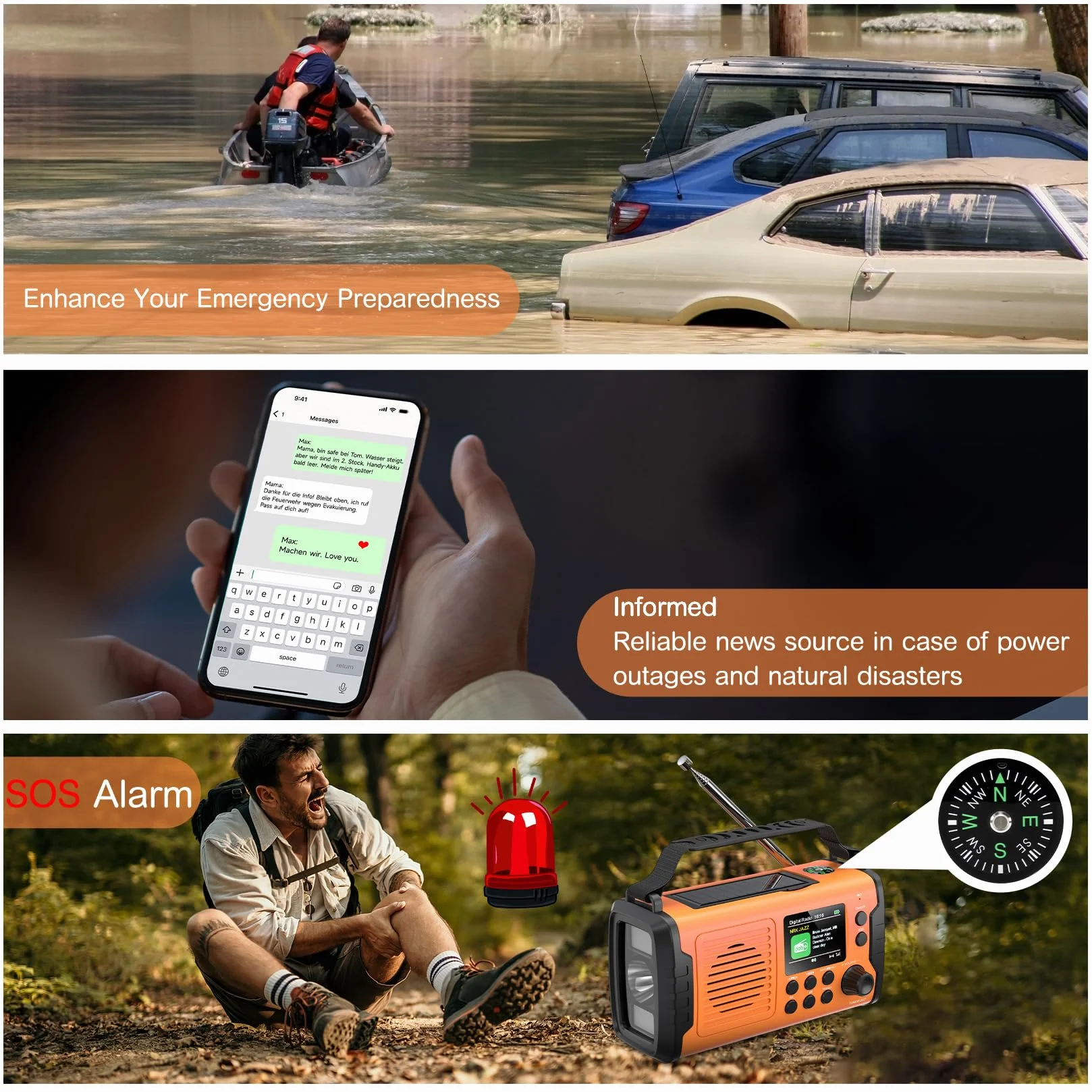 Radio A Manovella DAB+ FM 20000mAh Bluetooth Solare Emergenza con Sveglia, Torcia LED (Arancione)