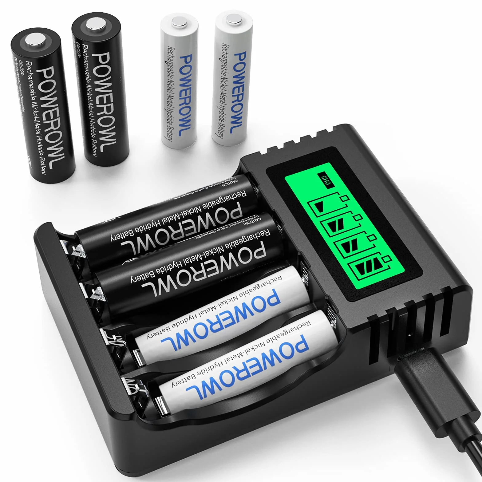 POWEROWL Caricabatterie Indipendente per AA AAA Ricaricabili Ni-MH USB Ricarica Rapida 4 Slot