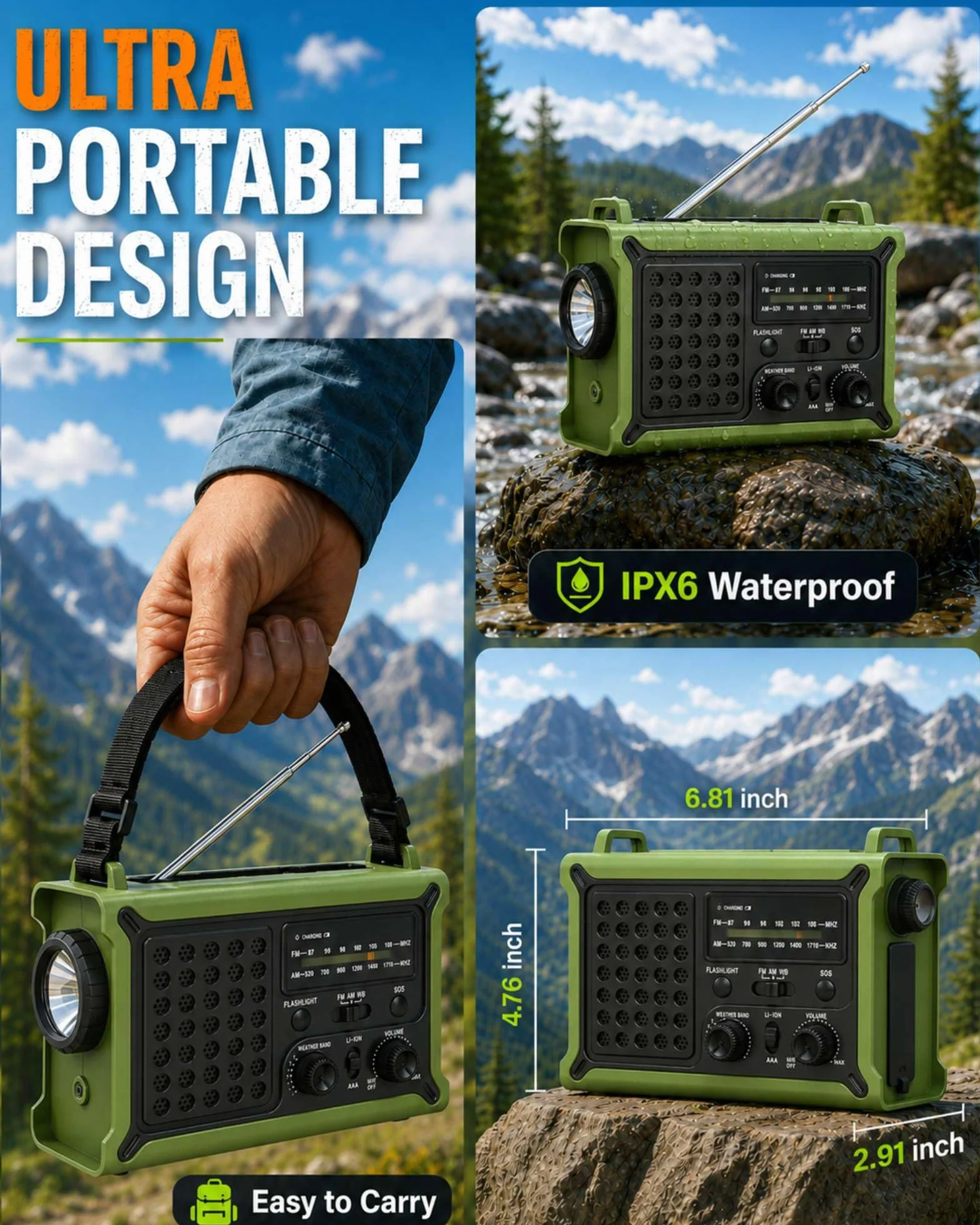 Radio meteorologica di emergenza AM/FM/NOAA solare manovella LED torcia USB SOS