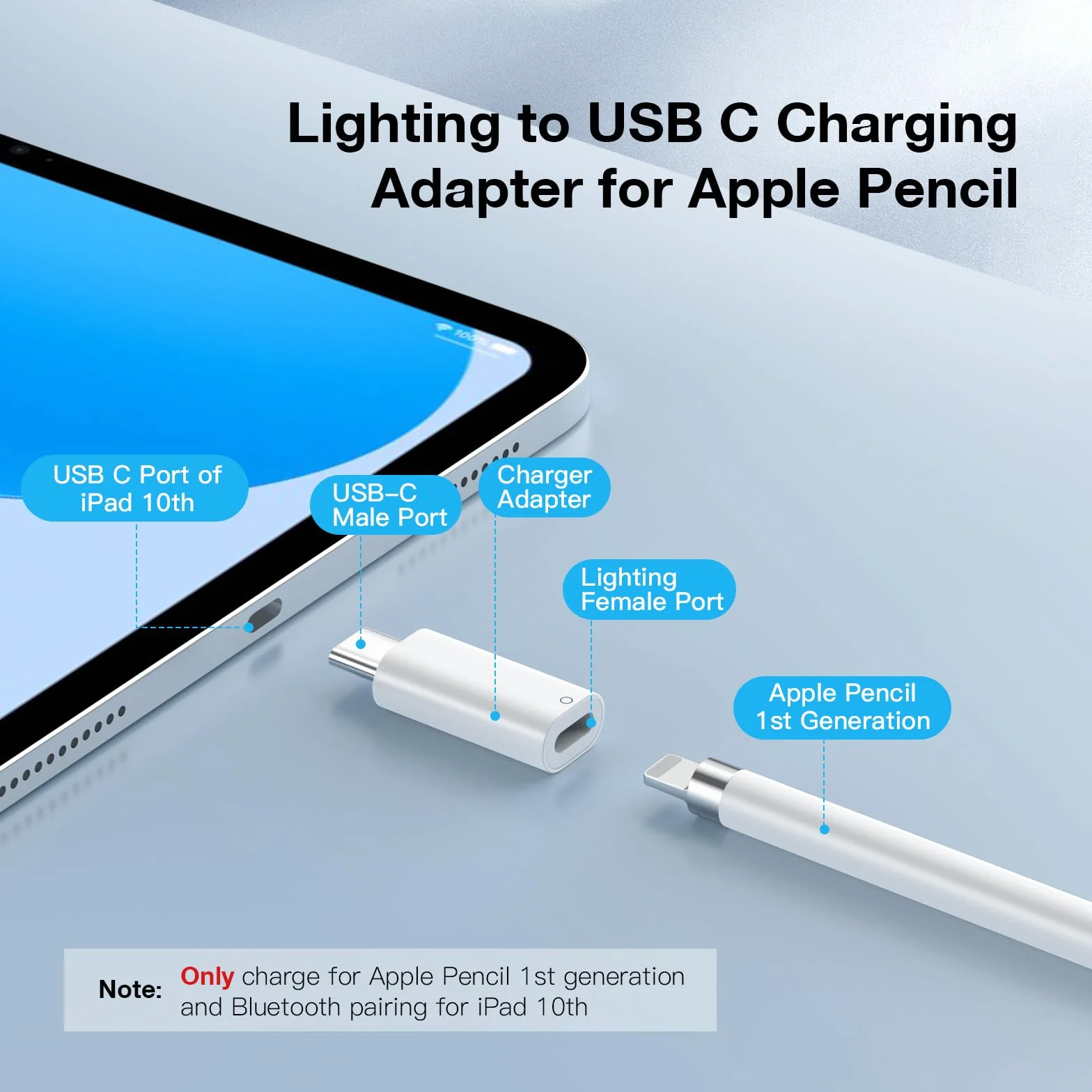 TiMOVO Adattatore da USB C a Lightning per Apple Pencil 1a Gen, Caricatore Bluetooth Bianco