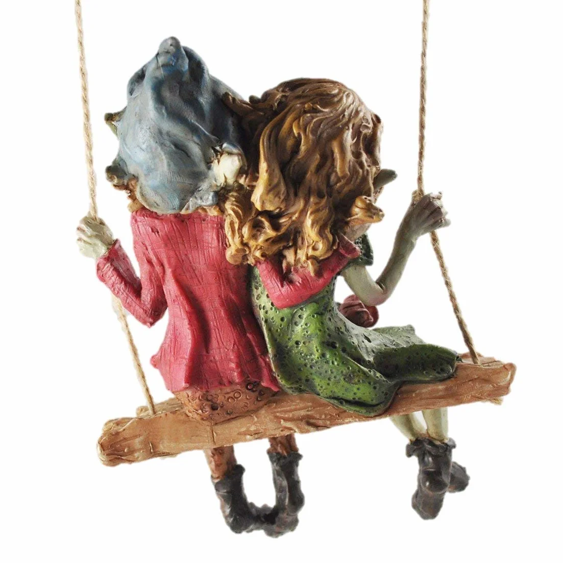 Statuetta raffigurante una coppia di folletti seduti su un’altalena, alta qualità, decorazione da giardino, altezza: 12 cm