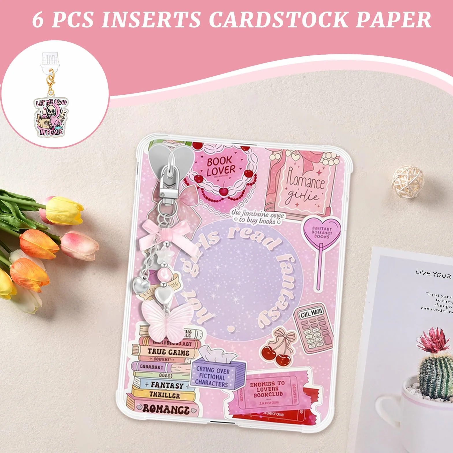 Set Decorativo Rosa VelvetGlow 6 Inserti e 2 Ciondoli in Perla per Custodia E-Reader Compatibile con Paperwhite 11ª/12ª Gen