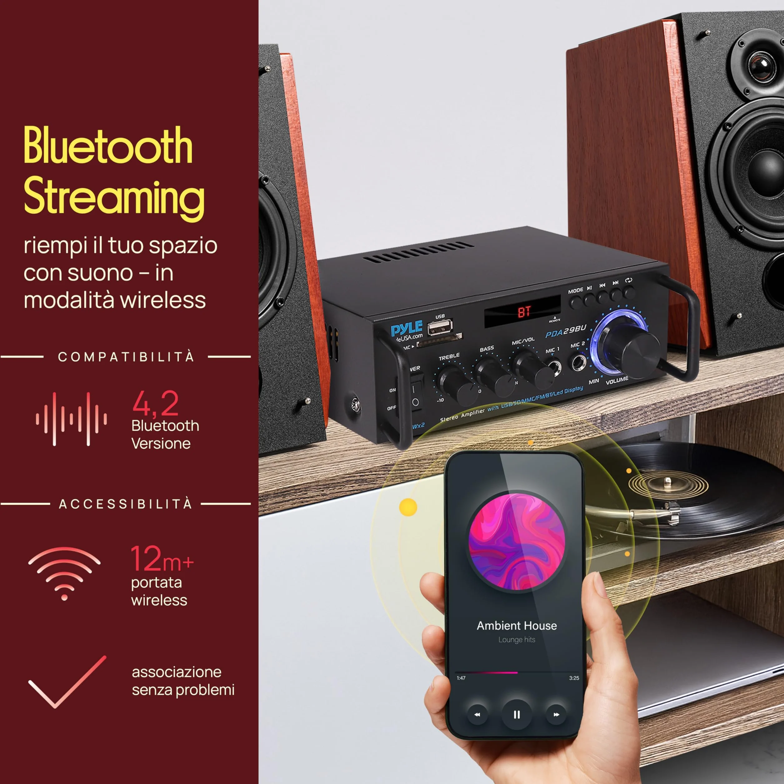 Pyle Preamplificatore Phono, Amplificatore Audio Stereo Wireless Bluetooth 200 Watt, Doppio Canale, RCA, USB, SD, Microfono, Radio FM