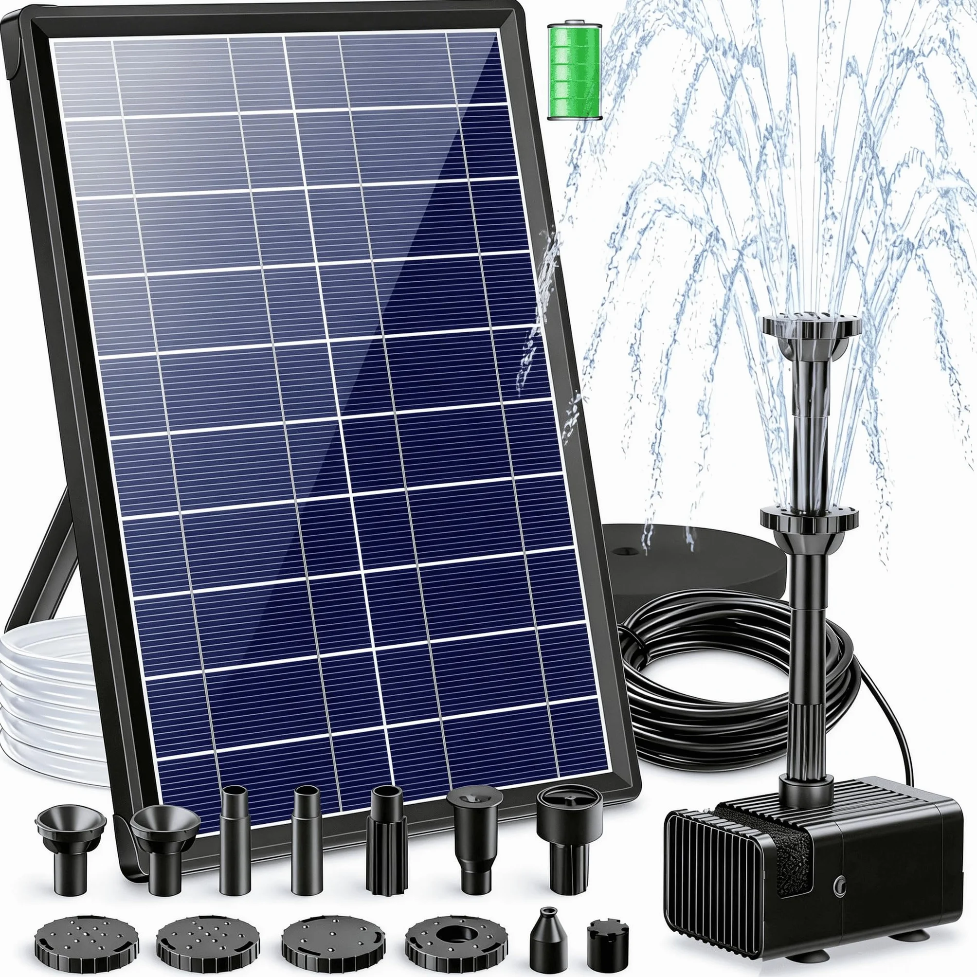 Biling Fontana Solare da Giardino, Pompa Acqua Solare da Esterno da 7.5 W con Batteria da 3600 mAh 139 GPH Tubo da 1,5 M con 10 Ugelli Bagno per Uccelli Fai da Te Piccoli Stagni Piscina da Giardino