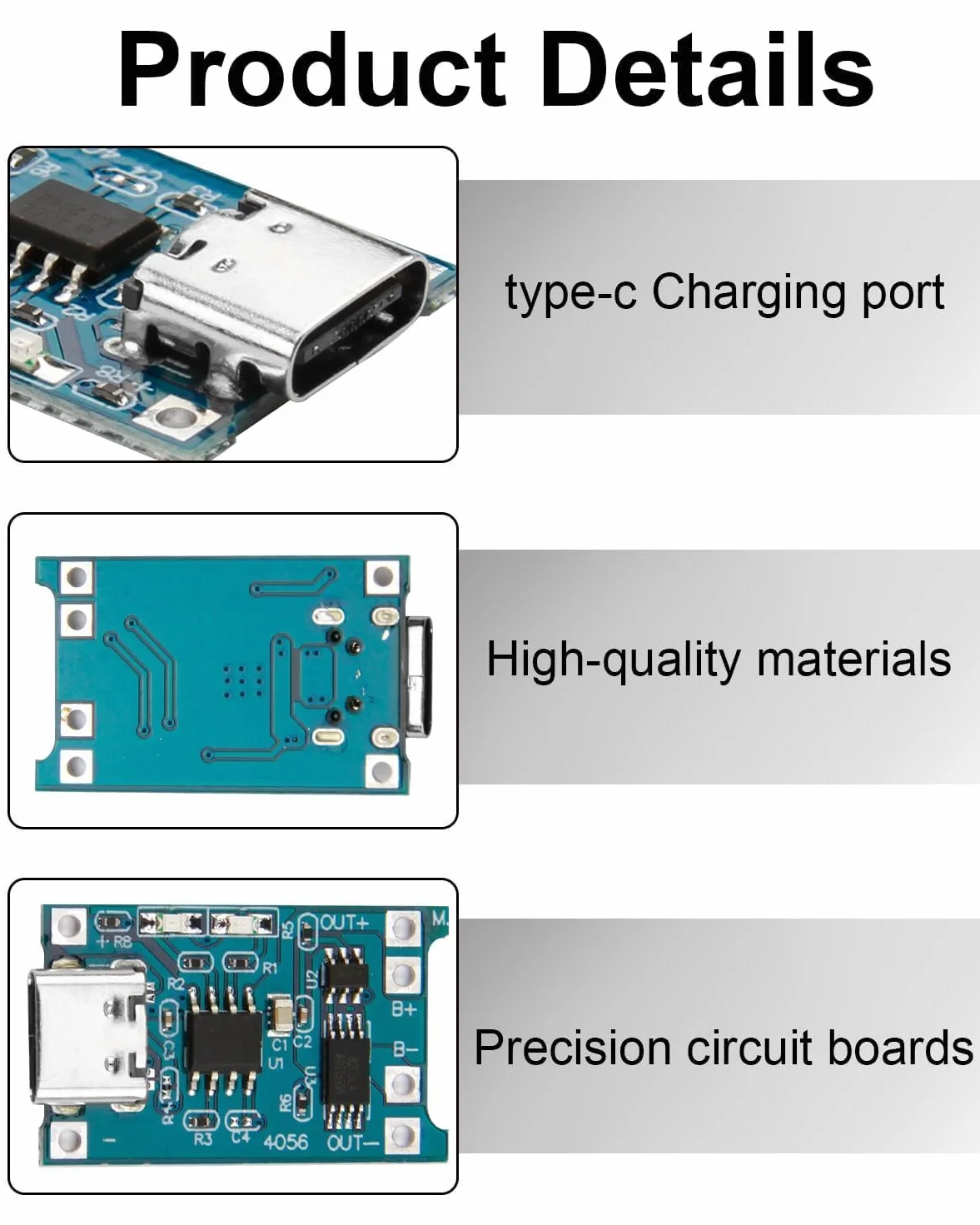 TC4056 Charger Modulo USB-C 5V 1A Caricabatterie Module Protezione Doppia per Batterie Li-ion 18650