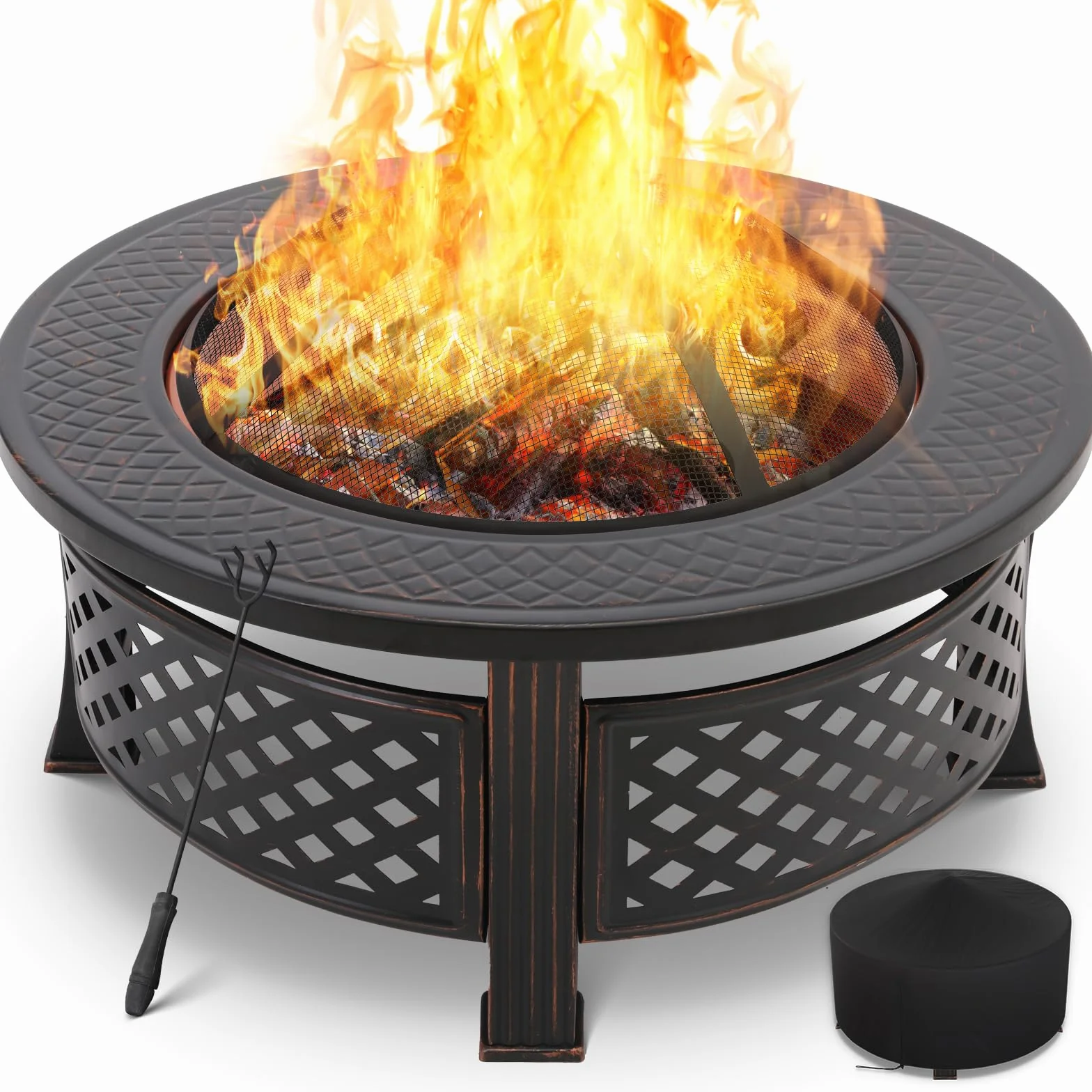 TLSUNNY Braciere da Giardino, Braciere da Esterno Multifunzionale, Braciere Rotondo con Parascintille e Griglia per galvanizzata, outdoor fire pit 80x80x50 cm, per Spiaggia, Camping,Riscaldamento,BBQ