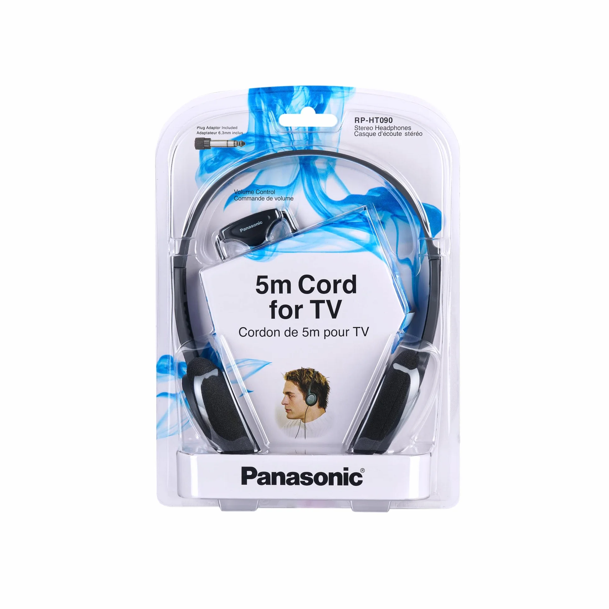 Panasonic RP-HT090E-H Cuffie Stereo On-Ear, Cavo 5m, Controllo Volume, Jack 3,5mm, Nero