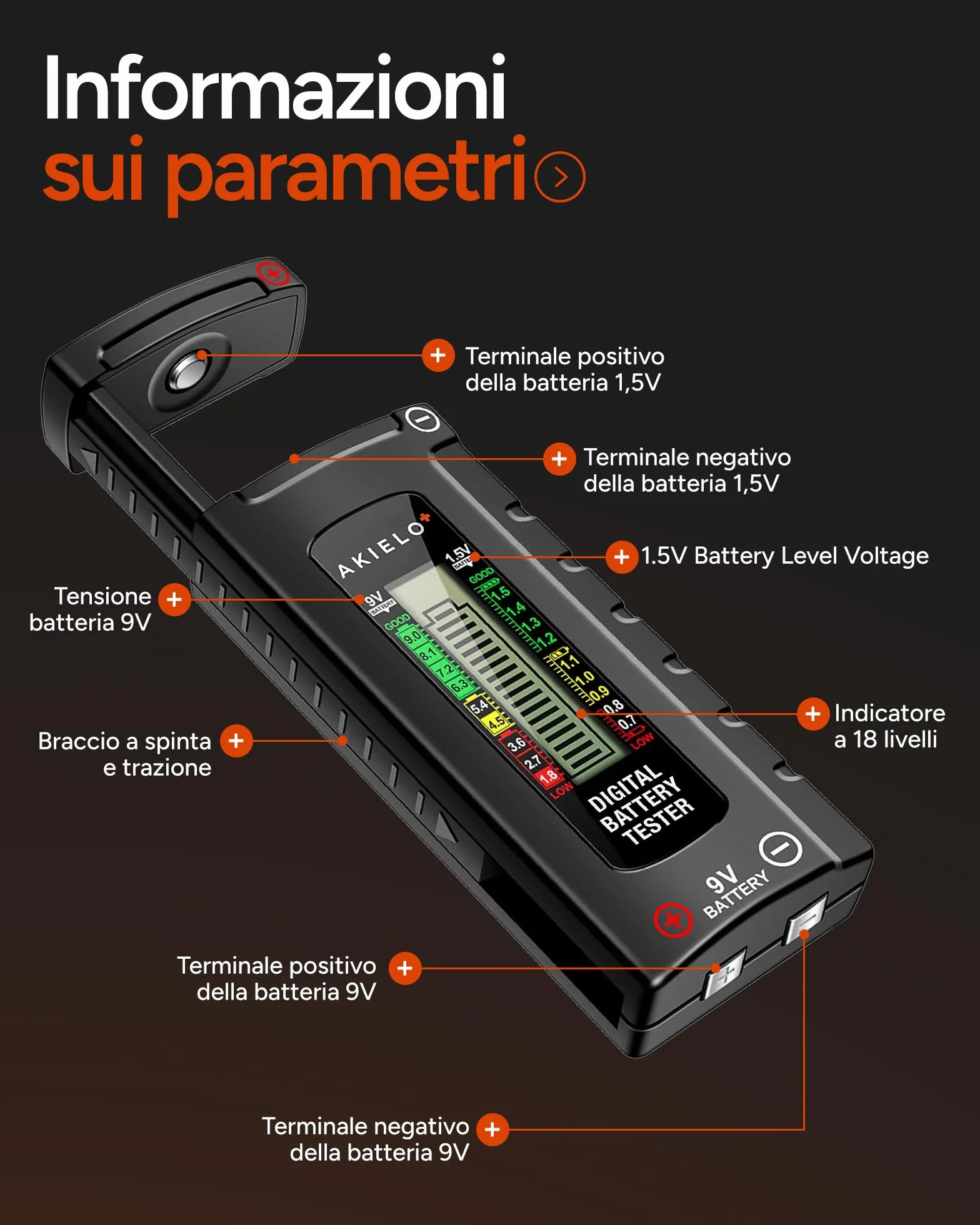 AKIELO+ Tester Digitale per Batterie AA AAA C D 9V 1,5V Pila a Bottone con Display LCD