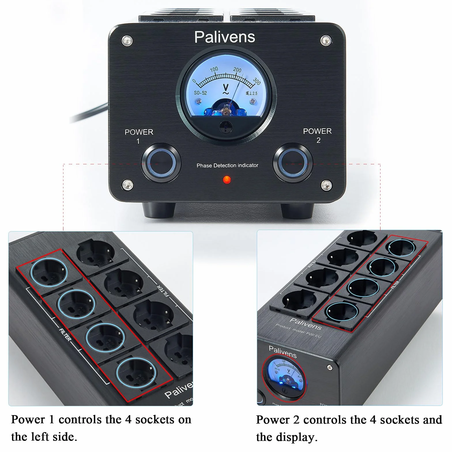 Pailvens HiFi multipla con filtro di rete 8x presa antidisturbo protezione sovratensione carico 15 A nero