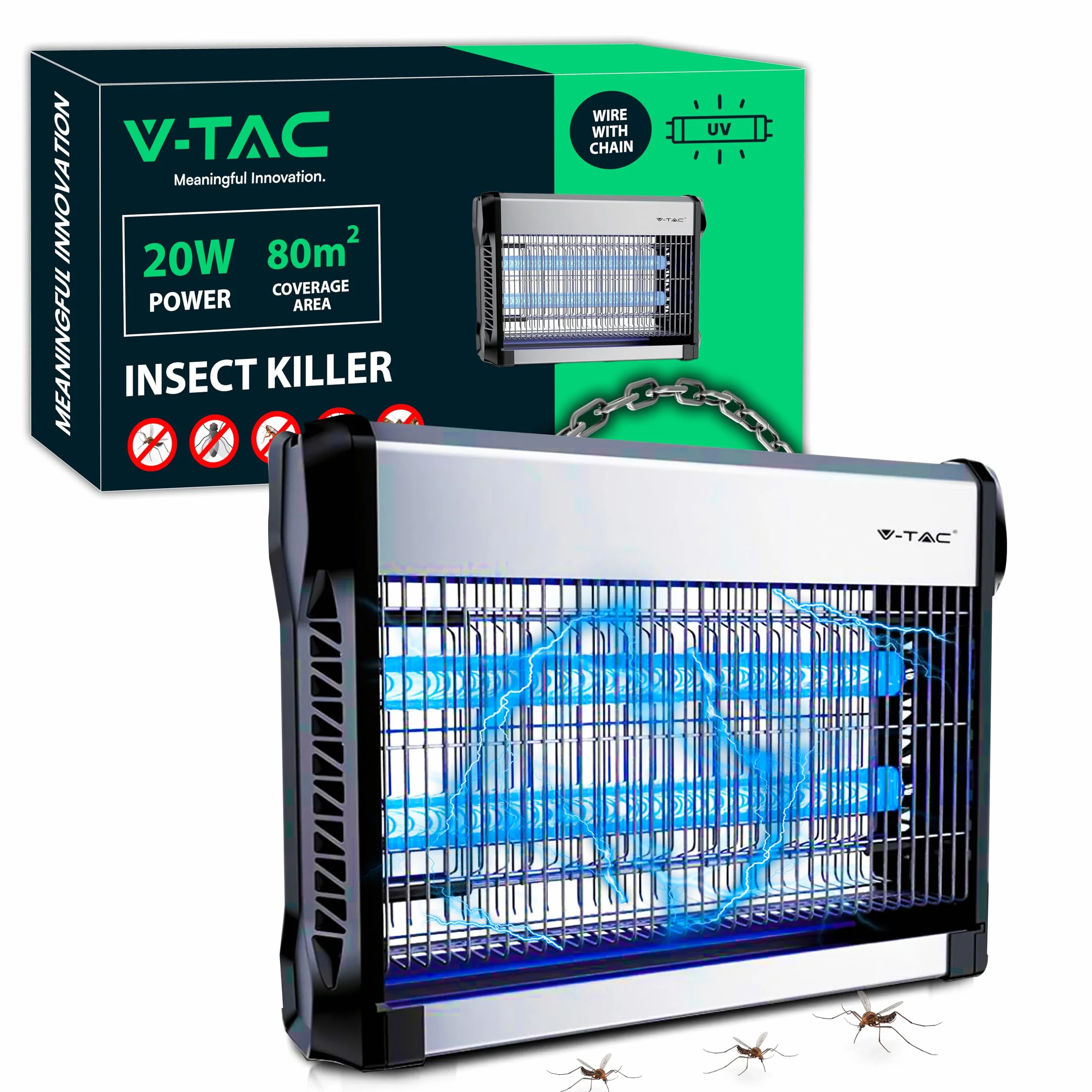 V-TAC 11180-A Zanzariera Elettrica 20W con Area di Azione 80 m², con Luce Blu UV per Uso Interno ed Esterno, Alluminio