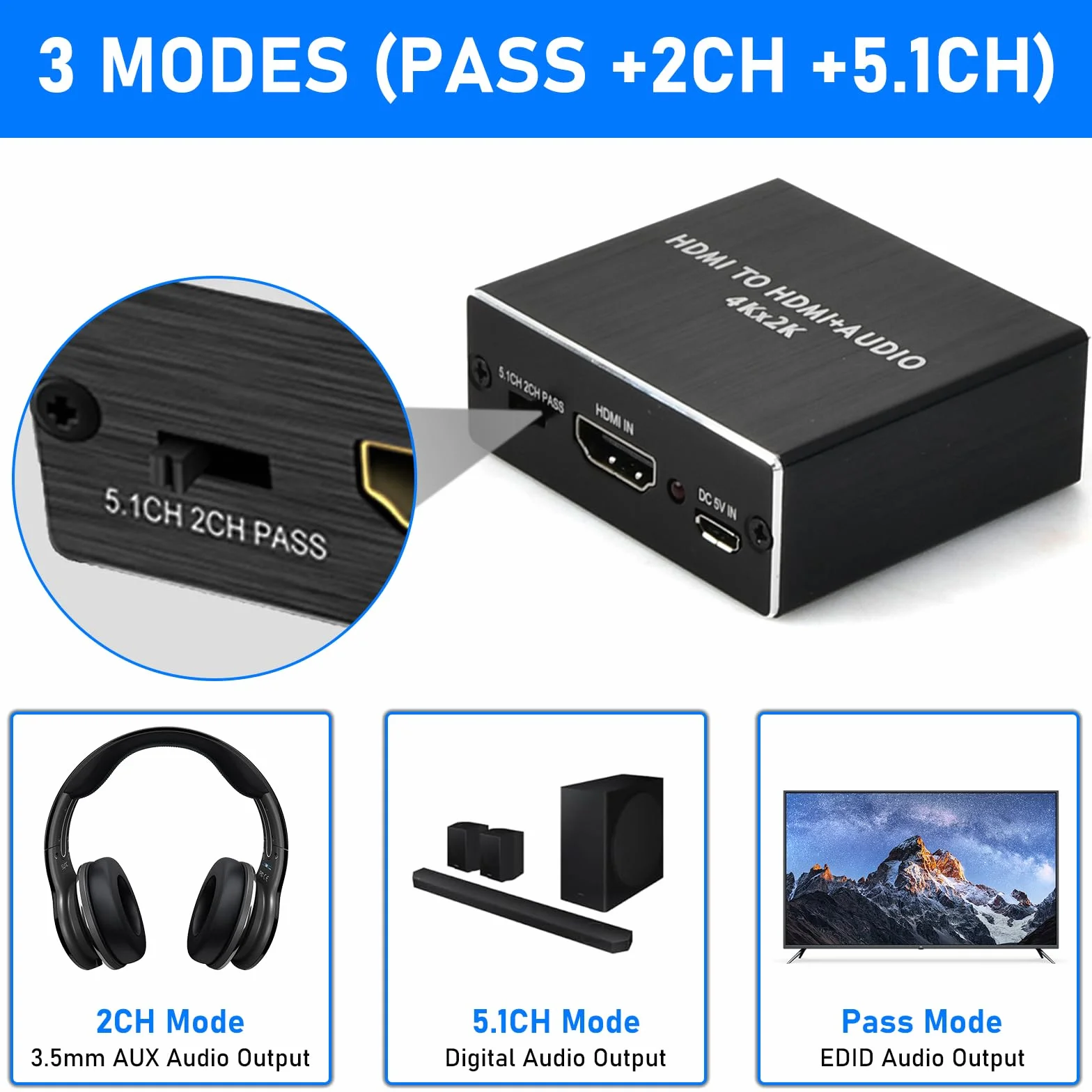 Convertitore Estrattore HDMI 4K x 2K a Ottico SPDIF + 3,5 mm Adattatore Stereo PASS/2.0CH/5.1CH