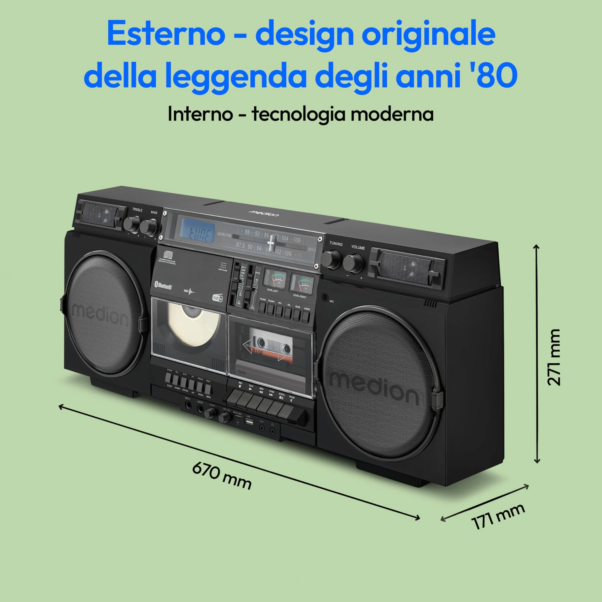 MEDION Registratore a cassette P66538 Ghetto Blaster retrò con lettore CD, Bluetooth, DAB+, USB, SD
