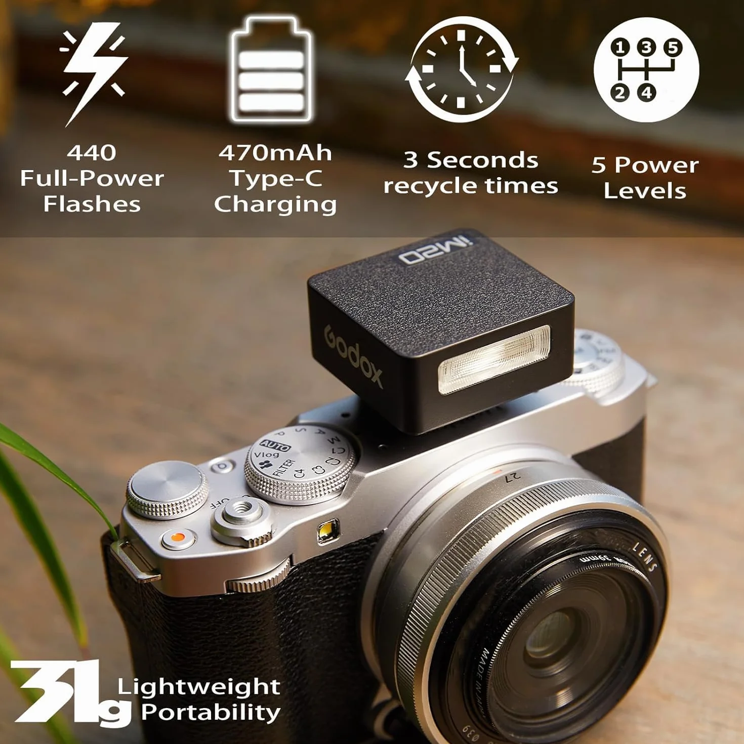 Godox iM20 Mini Flash Manuale per Fotocamera, 5 Livelli di Uscita, 440 Lampi a Piena Potenza, Ricarica USB-C