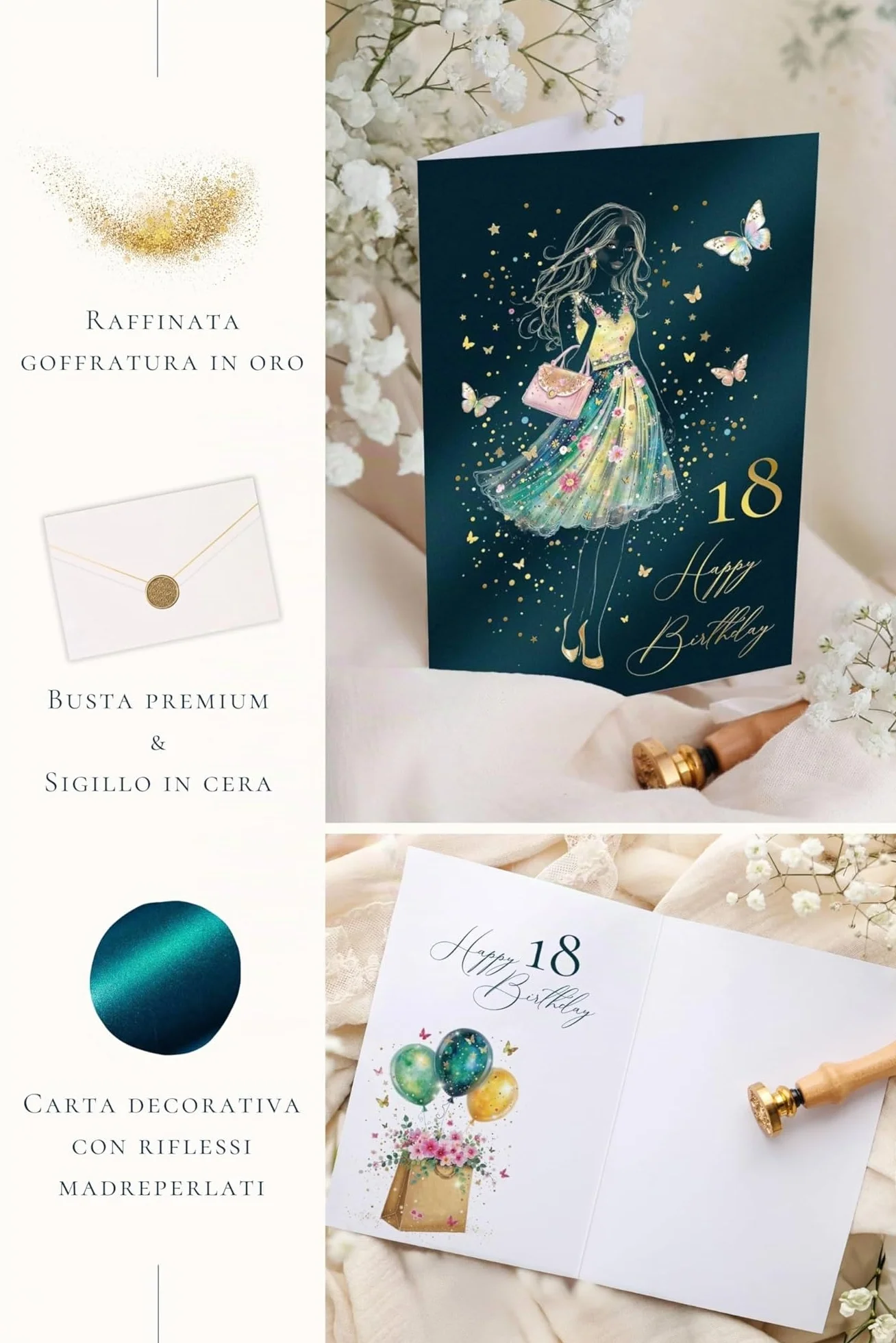 Joli Coon Biglietto auguri compleanno 18 STARDUST Lady – Biglietto auguri compleanno 18 anni ragazza con busta in carta premium e sigillo in cera